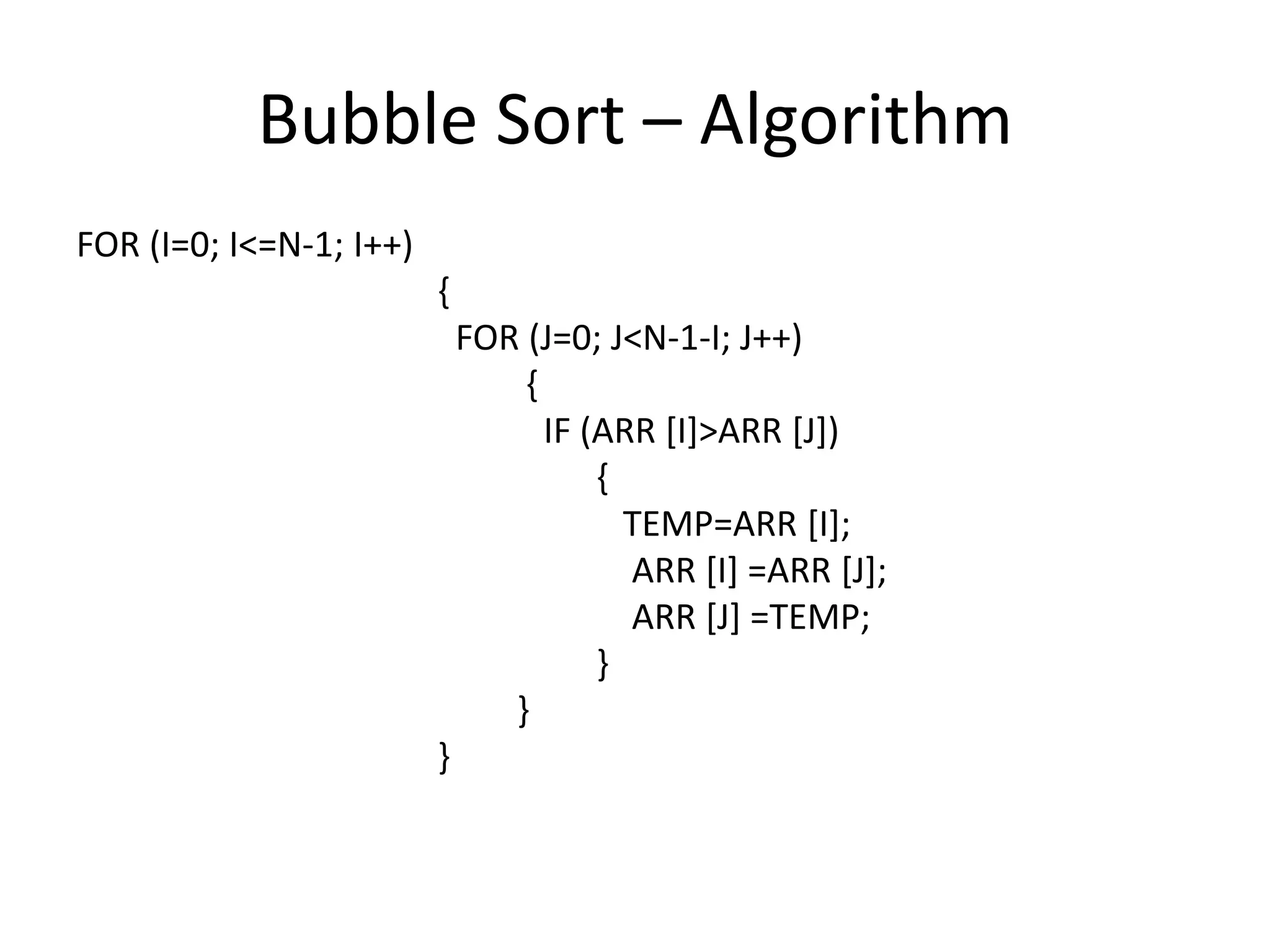 Bubble Sort – Algorithm
FOR (I=0; I<=N-1; I++)
                         {
                             FOR (J=0; J<N-1-I; J++)
                                 {
                                   IF (ARR [I]>ARR [J])
                                       {
                                         TEMP=ARR [I];
                                         ARR [I] =ARR [J];
                                         ARR [J] =TEMP;
                                       }
                                }
                         }
 