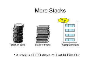 More Stacks




• A stack is a LIFO structure: Last In First Out
 