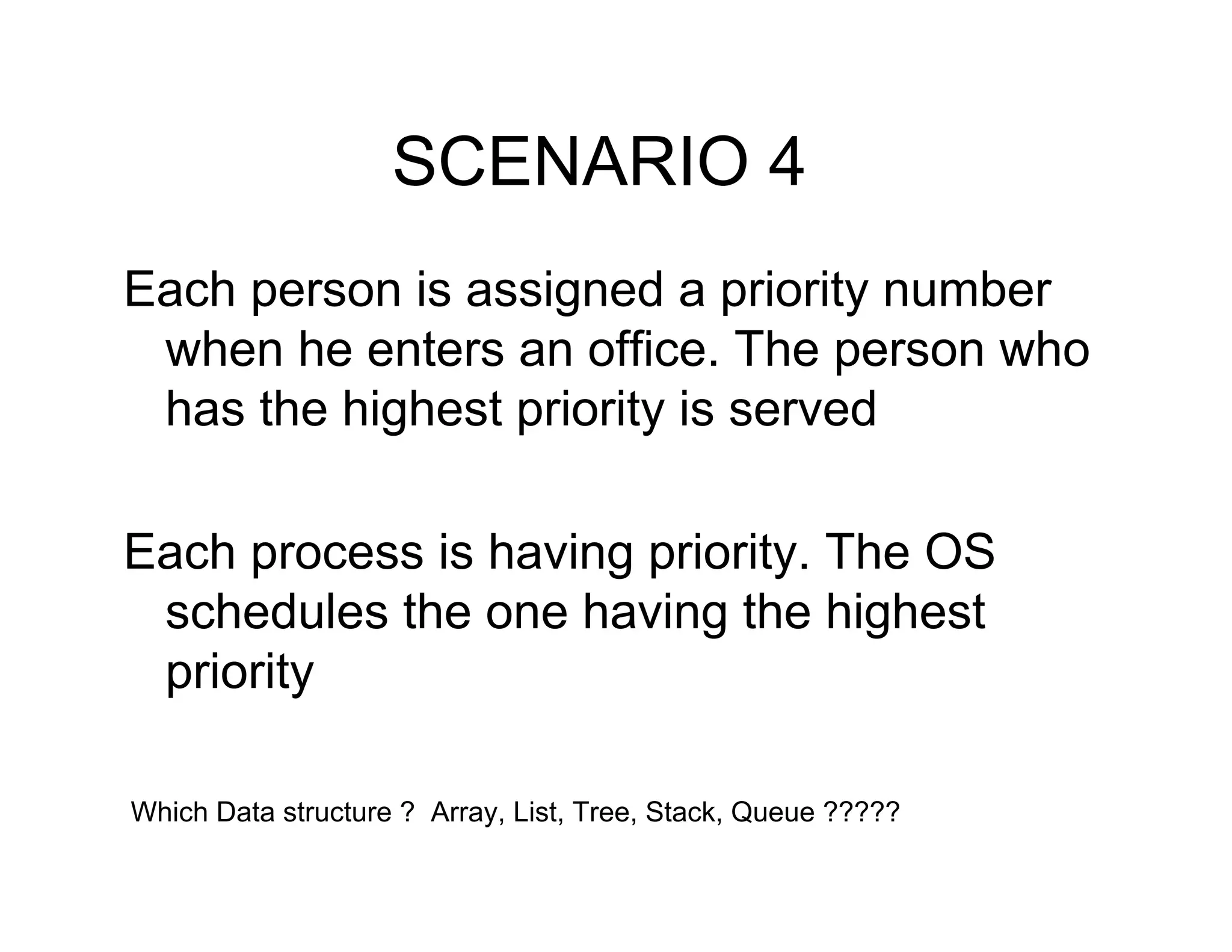 SCENARIO 4
Each person is assigned a priority number
when he enters an office. The person who
has the highest priority is served
Each process is having priority. The OS
schedules the one having the highest
priority
Which Data structure ? Array, List, Tree, Stack, Queue ?????
 