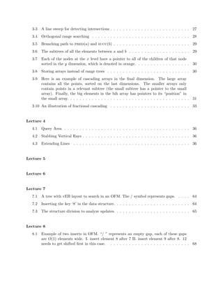 sh (2003) 
16.1 Overview . . . . . . . . . . . . . . . . . . . . . . . . . . . . . . . . . . . . . . . . . . 128 
16.2 Predecessor Problem . . . . . . . . . . . . . . . . . . . . . . . . . . . . . . . . . . . . 128 
16.3 Sux Trees . . . . . . . . . . . . . . . . . . . . . . . . . . . . . . . . . . . . . . . . . 132 
16.4 Sux Arrays . . . . . . . . . . . . . . . . . . . . . . . . . . . . . . . . . . . . . . . . 134 
16.5 DC3 Algorithm for Building Sux Arrays . . . . . . . . . . . . . . . . . . . . . . . . 136 
17 17. Succinct 1 139 
Scribers: David Benjamin(2012), Lin Fei(2012), Yuzhi Zheng(2012),Morteza 
Zadimoghaddam(2010), Aaron Bernstein(2007) 
17.1 Overview . . . . . . . . . . . . . . . . . . . . . . . . . . . . . . . . . . . . . . . . . . 139 
17.2 Level Order Representation of Binary Tries . . . . . . . . . . . . . . . . . . . . . . . 141 
17.3 Rank and Select . . . . . . . . . . . . . . . . . . . . . . . . . . . . . . . . . . . . . . 143 
17.4 Subtree Sizes . . . . . . . . . . . . . . . . . . . . . . . . . . . . . . . . . . . . . . . . 146 
18 18. Succinct 2 148 
Scribers: Sanja Popovic(2012), Jean-Baptiste Nivoit(2012), Jon Schneider(2012), 
Sarah Eisenstat (2010), Mart Bolvar (2007) 
18.1 Overview . . . . . . . . . . . . . . . . . . . . . . . . . . . . . . . . . . . . . . . . . . 148 
18.2 Survey . . . . . . . . . . . . . . . . . . . . . . . . . . . . . . . . . . . . . . . . . . . . 148 
18.3 Compressed sux arrays . . . . . . . . . . . . . . . . . . . . . . . . . . . . . . . . . . 150 
18.4 Compact sux arrays . . . . . . . . . . . . . . . . . . . . . . . . . . . . . . . . . . . 153 
18.5 Sux trees [99] . . . . . . . . . . . . . . . . . . . . . . . . . . . . . . . . . . . . . . . 154 
19 19. Dynamic graphs 1 157 
Scribers: Justin Holmgren (2012), Jing Jian (2012), Maksim Stepanenko (2012), 
Mashhood Ishaque (2007) 
 