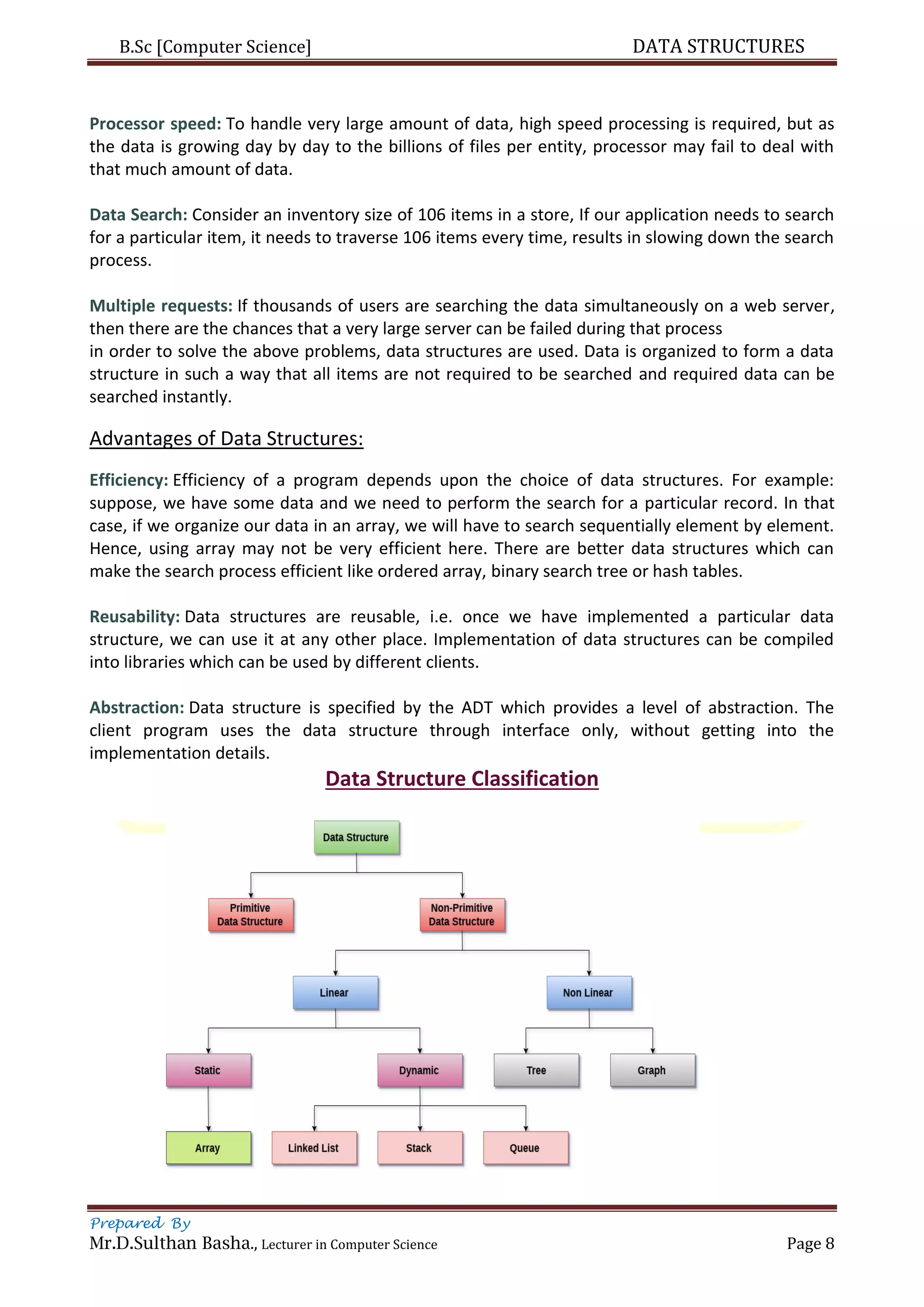 B.Sc [Computer Science] DATA STRUCTURES
Prepared By
Mr.D.Sulthan Basha., Lecturer in Computer Science Page 8
Processor speed: To handle very large amount of data, high speed processing is required, but as
the data is growing day by day to the billions of files per entity, processor may fail to deal with
that much amount of data.
Data Search: Consider an inventory size of 106 items in a store, If our application needs to search
for a particular item, it needs to traverse 106 items every time, results in slowing down the search
process.
Multiple requests: If thousands of users are searching the data simultaneously on a web server,
then there are the chances that a very large server can be failed during that process
in order to solve the above problems, data structures are used. Data is organized to form a data
structure in such a way that all items are not required to be searched and required data can be
searched instantly.
Advantages of Data Structures:
Efficiency: Efficiency of a program depends upon the choice of data structures. For example:
suppose, we have some data and we need to perform the search for a particular record. In that
case, if we organize our data in an array, we will have to search sequentially element by element.
Hence, using array may not be very efficient here. There are better data structures which can
make the search process efficient like ordered array, binary search tree or hash tables.
Reusability: Data structures are reusable, i.e. once we have implemented a particular data
structure, we can use it at any other place. Implementation of data structures can be compiled
into libraries which can be used by different clients.
Abstraction: Data structure is specified by the ADT which provides a level of abstraction. The
client program uses the data structure through interface only, without getting into the
implementation details.
Data Structure Classification
 