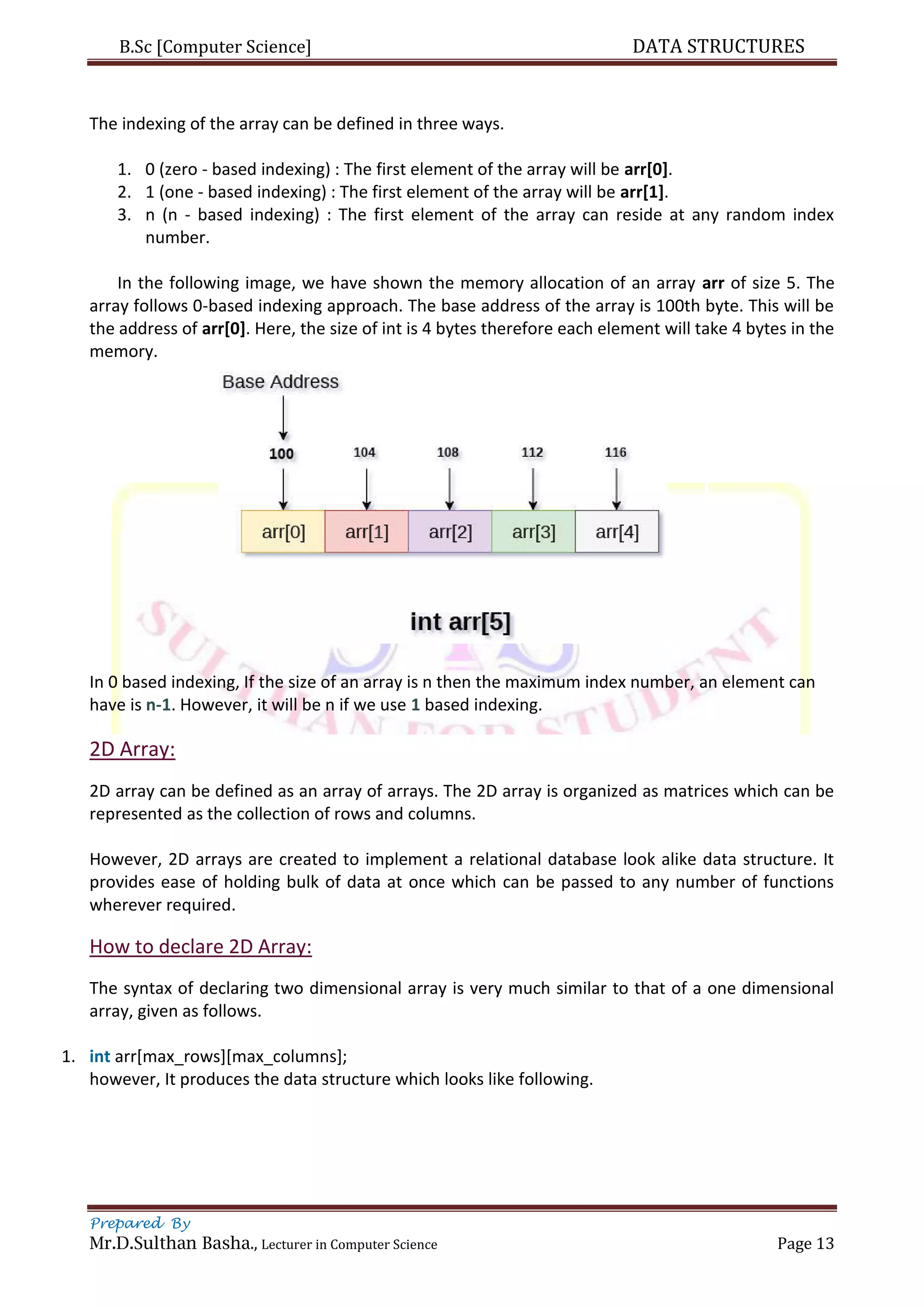 B.Sc [Computer Science] DATA STRUCTURES
Prepared By
Mr.D.Sulthan Basha., Lecturer in Computer Science Page 13
The indexing of the array can be defined in three ways.
1. 0 (zero - based indexing) : The first element of the array will be arr[0].
2. 1 (one - based indexing) : The first element of the array will be arr[1].
3. n (n - based indexing) : The first element of the array can reside at any random index
number.
In the following image, we have shown the memory allocation of an array arr of size 5. The
array follows 0-based indexing approach. The base address of the array is 100th byte. This will be
the address of arr[0]. Here, the size of int is 4 bytes therefore each element will take 4 bytes in the
memory.
In 0 based indexing, If the size of an array is n then the maximum index number, an element can
have is n-1. However, it will be n if we use 1 based indexing.
2D Array:
2D array can be defined as an array of arrays. The 2D array is organized as matrices which can be
represented as the collection of rows and columns.
However, 2D arrays are created to implement a relational database look alike data structure. It
provides ease of holding bulk of data at once which can be passed to any number of functions
wherever required.
How to declare 2D Array:
The syntax of declaring two dimensional array is very much similar to that of a one dimensional
array, given as follows.
1. int arr[max_rows][max_columns];
however, It produces the data structure which looks like following.
 