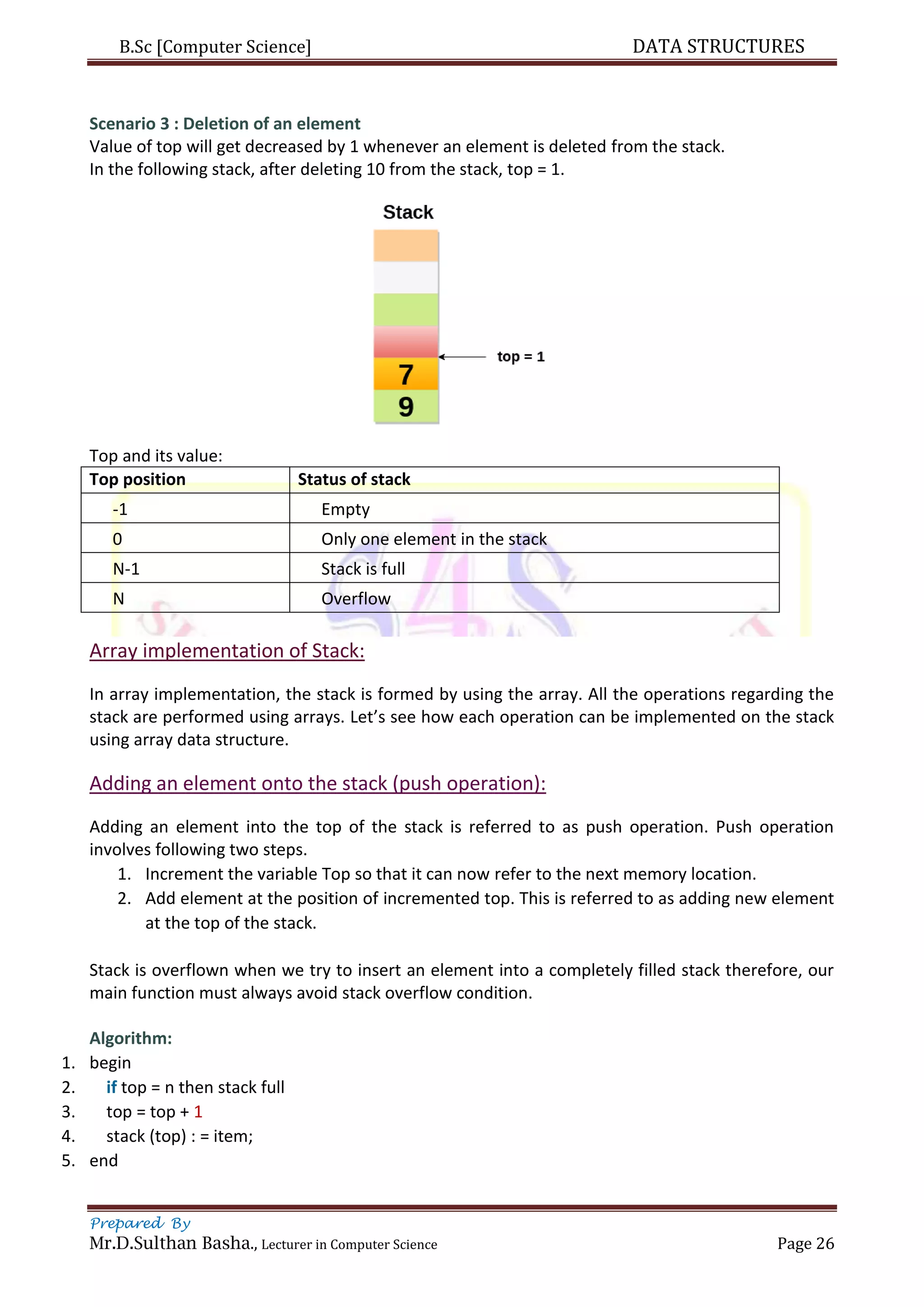 B.Sc [Computer Science] DATA STRUCTURES
Prepared By
Mr.D.Sulthan Basha., Lecturer in Computer Science Page 26
Scenario 3 : Deletion of an element
Value of top will get decreased by 1 whenever an element is deleted from the stack.
In the following stack, after deleting 10 from the stack, top = 1.
Top and its value:
Top position Status of stack
-1 Empty
0 Only one element in the stack
N-1 Stack is full
N Overflow
Array implementation of Stack:
In array implementation, the stack is formed by using the array. All the operations regarding the
stack are performed using arrays. Let’s see how each operation can be implemented on the stack
using array data structure.
Adding an element onto the stack (push operation):
Adding an element into the top of the stack is referred to as push operation. Push operation
involves following two steps.
1. Increment the variable Top so that it can now refer to the next memory location.
2. Add element at the position of incremented top. This is referred to as adding new element
at the top of the stack.
Stack is overflown when we try to insert an element into a completely filled stack therefore, our
main function must always avoid stack overflow condition.
Algorithm:
1. begin
2. if top = n then stack full
3. top = top + 1
4. stack (top) : = item;
5. end
 