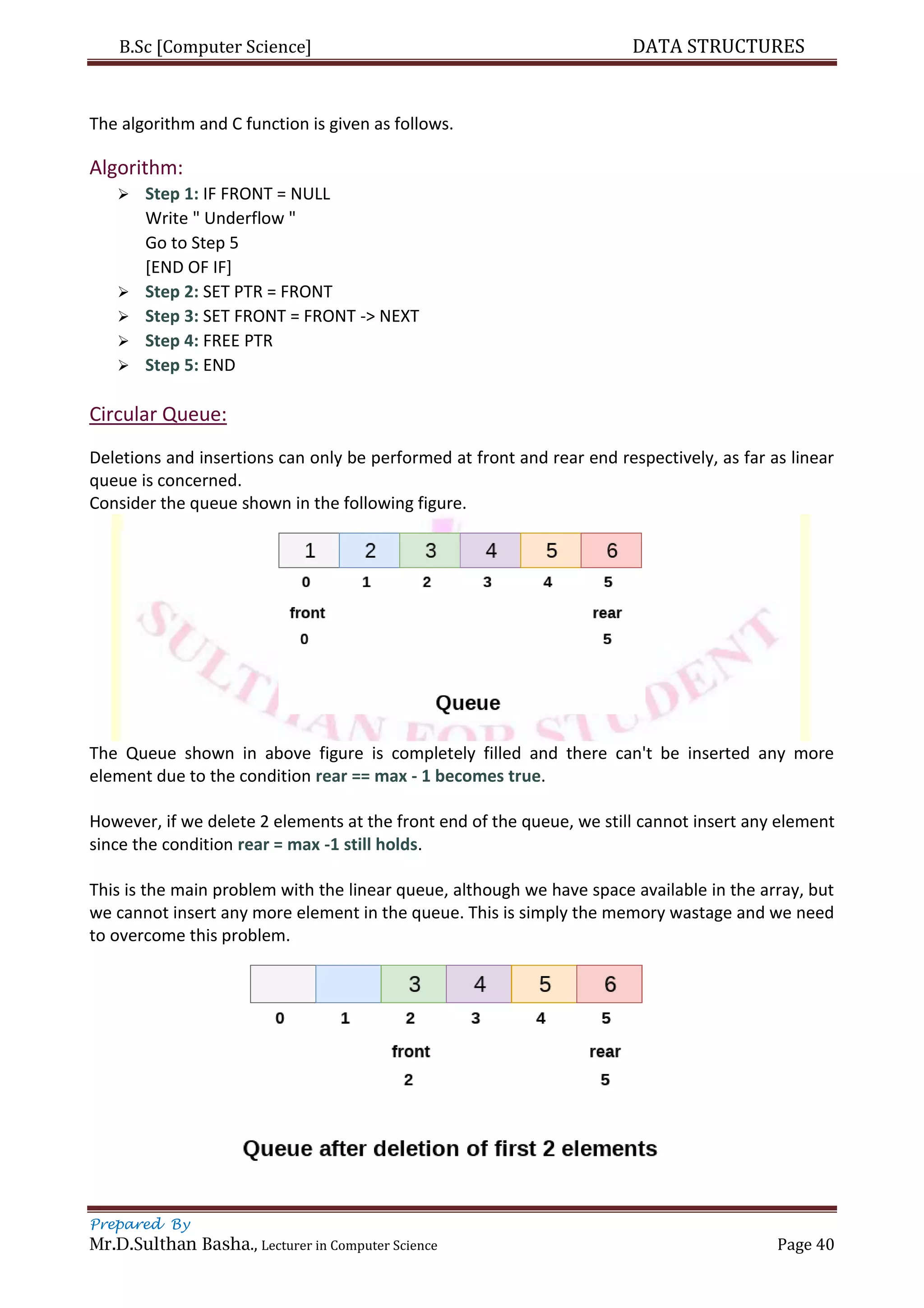 B.Sc [Computer Science] DATA STRUCTURES
Prepared By
Mr.D.Sulthan Basha., Lecturer in Computer Science Page 40
The algorithm and C function is given as follows.
Algorithm:
 Step 1: IF FRONT = NULL
Write " Underflow "
Go to Step 5
[END OF IF]
 Step 2: SET PTR = FRONT
 Step 3: SET FRONT = FRONT -> NEXT
 Step 4: FREE PTR
 Step 5: END
Circular Queue:
Deletions and insertions can only be performed at front and rear end respectively, as far as linear
queue is concerned.
Consider the queue shown in the following figure.
The Queue shown in above figure is completely filled and there can't be inserted any more
element due to the condition rear == max - 1 becomes true.
However, if we delete 2 elements at the front end of the queue, we still cannot insert any element
since the condition rear = max -1 still holds.
This is the main problem with the linear queue, although we have space available in the array, but
we cannot insert any more element in the queue. This is simply the memory wastage and we need
to overcome this problem.
 