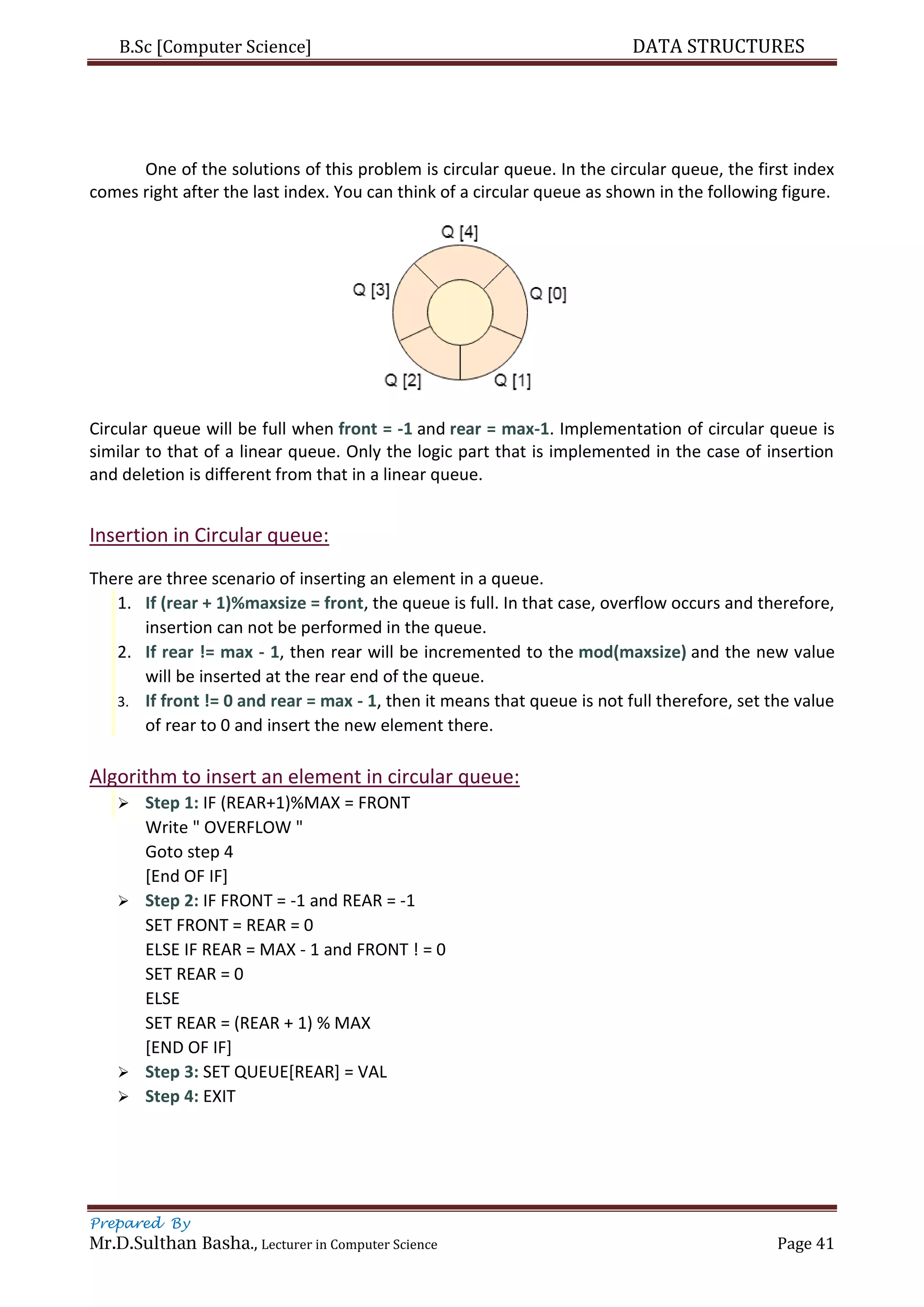 B.Sc [Computer Science] DATA STRUCTURES
Prepared By
Mr.D.Sulthan Basha., Lecturer in Computer Science Page 41
One of the solutions of this problem is circular queue. In the circular queue, the first index
comes right after the last index. You can think of a circular queue as shown in the following figure.
Circular queue will be full when front = -1 and rear = max-1. Implementation of circular queue is
similar to that of a linear queue. Only the logic part that is implemented in the case of insertion
and deletion is different from that in a linear queue.
Insertion in Circular queue:
There are three scenario of inserting an element in a queue.
1. If (rear + 1)%maxsize = front, the queue is full. In that case, overflow occurs and therefore,
insertion can not be performed in the queue.
2. If rear != max - 1, then rear will be incremented to the mod(maxsize) and the new value
will be inserted at the rear end of the queue.
3. If front != 0 and rear = max - 1, then it means that queue is not full therefore, set the value
of rear to 0 and insert the new element there.
Algorithm to insert an element in circular queue:
 Step 1: IF (REAR+1)%MAX = FRONT
Write " OVERFLOW "
Goto step 4
[End OF IF]
 Step 2: IF FRONT = -1 and REAR = -1
SET FRONT = REAR = 0
ELSE IF REAR = MAX - 1 and FRONT ! = 0
SET REAR = 0
ELSE
SET REAR = (REAR + 1) % MAX
[END OF IF]
 Step 3: SET QUEUE[REAR] = VAL
 Step 4: EXIT
 