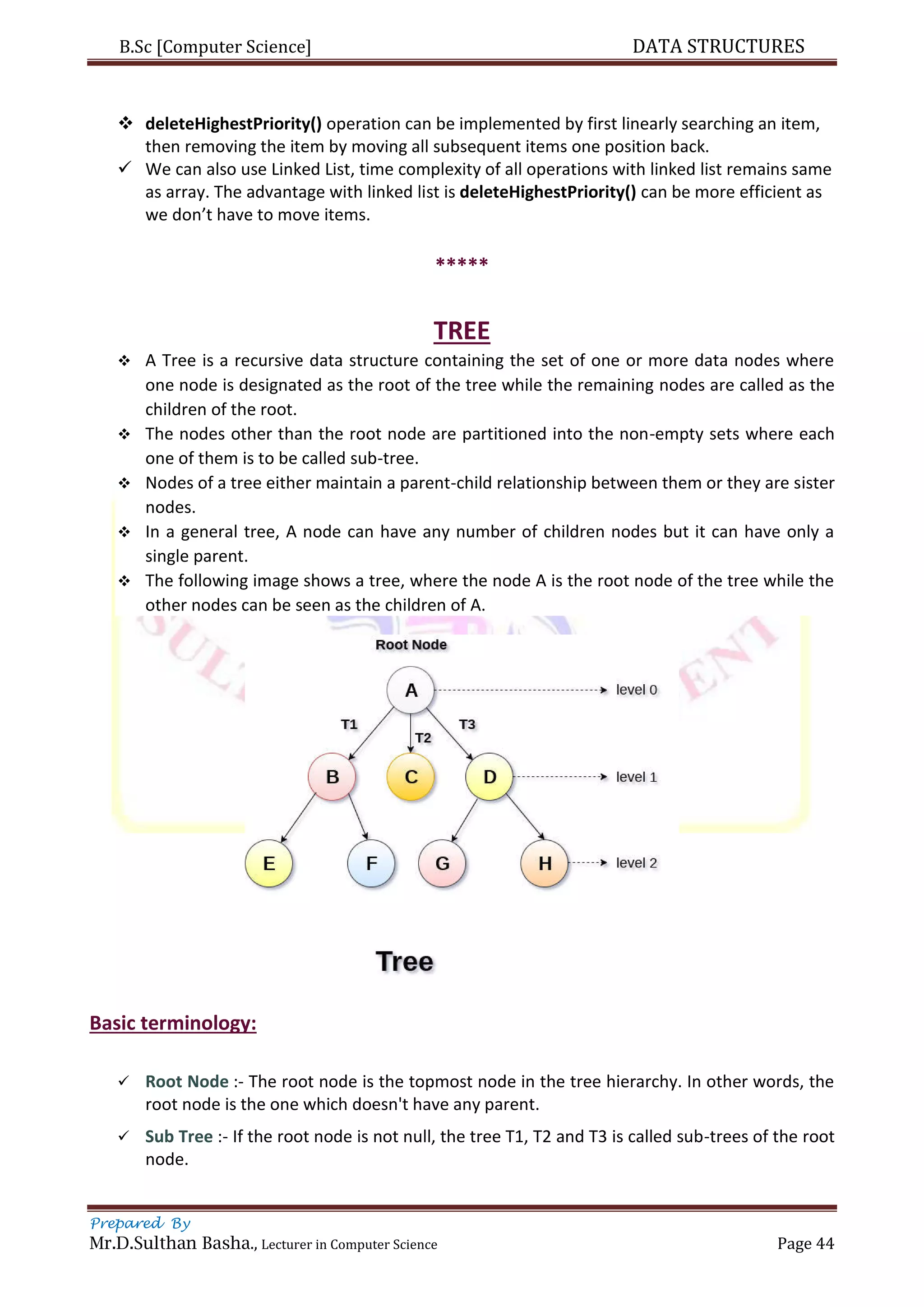B.Sc [Computer Science] DATA STRUCTURES
Prepared By
Mr.D.Sulthan Basha., Lecturer in Computer Science Page 44
 deleteHighestPriority() operation can be implemented by first linearly searching an item,
then removing the item by moving all subsequent items one position back.
 We can also use Linked List, time complexity of all operations with linked list remains same
as array. The advantage with linked list is deleteHighestPriority() can be more efficient as
we don’t have to move items.
*****
TREE
 A Tree is a recursive data structure containing the set of one or more data nodes where
one node is designated as the root of the tree while the remaining nodes are called as the
children of the root.
 The nodes other than the root node are partitioned into the non-empty sets where each
one of them is to be called sub-tree.
 Nodes of a tree either maintain a parent-child relationship between them or they are sister
nodes.
 In a general tree, A node can have any number of children nodes but it can have only a
single parent.
 The following image shows a tree, where the node A is the root node of the tree while the
other nodes can be seen as the children of A.
Basic terminology:
 Root Node :- The root node is the topmost node in the tree hierarchy. In other words, the
root node is the one which doesn't have any parent.
 Sub Tree :- If the root node is not null, the tree T1, T2 and T3 is called sub-trees of the root
node.
 