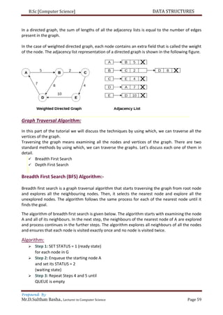 B.Sc [Computer Science] DATA STRUCTURES
Prepared By
Mr.D.Sulthan Basha., Lecturer in Computer Science Page 59
In a directed graph, the sum of lengths of all the adjacency lists is equal to the number of edges
present in the graph.
In the case of weighted directed graph, each node contains an extra field that is called the weight
of the node. The adjacency list representation of a directed graph is shown in the following figure.
Graph Traversal Algorithm:
In this part of the tutorial we will discuss the techniques by using which, we can traverse all the
vertices of the graph.
Traversing the graph means examining all the nodes and vertices of the graph. There are two
standard methods by using which, we can traverse the graphs. Let’s discuss each one of them in
detail.
 Breadth First Search
 Depth First Search
Breadth First Search (BFS) Algorithm:-
Breadth first search is a graph traversal algorithm that starts traversing the graph from root node
and explores all the neighbouring nodes. Then, it selects the nearest node and explore all the
unexplored nodes. The algorithm follows the same process for each of the nearest node until it
finds the goal.
The algorithm of breadth first search is given below. The algorithm starts with examining the node
A and all of its neighbours. In the next step, the neighbours of the nearest node of A are explored
and process continues in the further steps. The algorithm explores all neighbours of all the nodes
and ensures that each node is visited exactly once and no node is visited twice.
Algorithm:
 Step 1: SET STATUS = 1 (ready state)
for each node in G
 Step 2: Enqueue the starting node A
and set its STATUS = 2
(waiting state)
 Step 3: Repeat Steps 4 and 5 until
QUEUE is empty
 