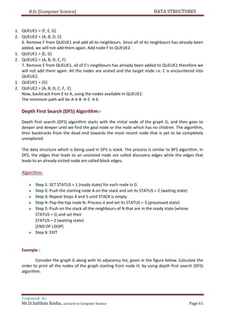 B.Sc [Computer Science] DATA STRUCTURES
Prepared By
Mr.D.Sulthan Basha., Lecturer in Computer Science Page 61
1. QUEUE1 = {F, E, G}
2. QUEUE2 = {A, B, D, C}
6. Remove F from QUEUE1 and add all its neighbours. Since all of its neighbours has already been
added, we will not add them again. Add node F to QUEUE2.
1. QUEUE1 = {E, G}
2. QUEUE2 = {A, B, D, C, F}
7. Remove E from QUEUE1, all of E's neighbours has already been added to QUEUE1 therefore we
will not add them again. All the nodes are visited and the target node i.e. E is encountered into
QUEUE2.
1. QUEUE1 = {G}
2. QUEUE2 = {A, B, D, C, F, E}
Now, backtrack from E to A, using the nodes available in QUEUE2.
The minimum path will be A→ B → C → E.
Depth First Search (DFS) Algorithm:-
Depth first search (DFS) algorithm starts with the initial node of the graph G, and then goes to
deeper and deeper until we find the goal node or the node which has no children. The algorithm,
then backtracks from the dead end towards the most recent node that is yet to be completely
unexplored.
The data structure which is being used in DFS is stack. The process is similar to BFS algorithm. In
DFS, the edges that leads to an unvisited node are called discovery edges while the edges that
leads to an already visited node are called block edges.
Algorithm:
 Step 1: SET STATUS = 1 (ready state) for each node in G
 Step 2: Push the starting node A on the stack and set its STATUS = 2 (waiting state)
 Step 3: Repeat Steps 4 and 5 until STACK is empty
 Step 4: Pop the top node N. Process it and set its STATUS = 3 (processed state)
 Step 5: Push on the stack all the neighbours of N that are in the ready state (whose
STATUS = 1) and set their
STATUS = 2 (waiting state)
[END OF LOOP]
 Step 6: EXIT
Example :
Consider the graph G along with its adjacency list, given in the figure below. Calculate the
order to print all the nodes of the graph starting from node H, by using depth first search (DFS)
algorithm.
 