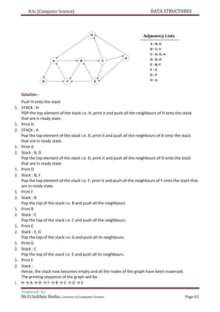 B.Sc [Computer Science] DATA STRUCTURES
Prepared By
Mr.D.Sulthan Basha., Lecturer in Computer Science Page 62
Solution :
Push H onto the stack
1. STACK : H
POP the top element of the stack i.e. H, print it and push all the neighbours of H onto the stack
that are is ready state.
1. Print H
2. STACK : A
Pop the top element of the stack i.e. A, print it and push all the neighbours of A onto the stack
that are in ready state.
1. Print A
2. Stack : B, D
Pop the top element of the stack i.e. D, print it and push all the neighbours of D onto the stack
that are in ready state.
1. Print D
2. Stack : B, F
Pop the top element of the stack i.e. F, print it and push all the neighbours of F onto the stack that
are in ready state.
1. Print F
2. Stack : B
Pop the top of the stack i.e. B and push all the neighbours
1. Print B
2. Stack : C
Pop the top of the stack i.e. C and push all the neighbours.
1. Print C
2. Stack : E, G
Pop the top of the stack i.e. G and push all its neighbours.
1. Print G
2. Stack : E
Pop the top of the stack i.e. E and push all its neighbours.
1. Print E
2. Stack :
Hence, the stack now becomes empty and all the nodes of the graph have been traversed.
The printing sequence of the graph will be :
1. H → A → D → F → B → C → G → E
 