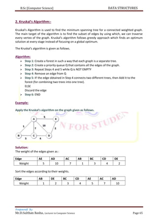B.Sc [Computer Science] DATA STRUCTURES
Prepared By
Mr.D.Sulthan Basha., Lecturer in Computer Science Page 65
2. Kruskal's Algorithm:-
Kruskal's Algorithm is used to find the minimum spanning tree for a connected weighted graph.
The main target of the algorithm is to find the subset of edges by using which, we can traverse
every vertex of the graph. Kruskal's algorithm follows greedy approach which finds an optimum
solution at every stage instead of focusing on a global optimum.
The Kruskal's algorithm is given as follows.
Algorithm:
 Step 1: Create a forest in such a way that each graph is a separate tree.
 Step 2: Create a priority queue Q that contains all the edges of the graph.
 Step 3: Repeat Steps 4 and 5 while Q is NOT EMPTY
 Step 4: Remove an edge from Q
 Step 5: IF the edge obtained in Step 4 connects two different trees, then Add it to the
forest (for combining two trees into one tree).
ELSE
Discard the edge
 Step 6: END
Example:
Apply the Kruskal's algorithm on the graph given as follows.
Solution:
The weight of the edges given as :
Edge AE AD AC AB BC CD DE
Weight 5 10 7 1 3 4 2
Sort the edges according to their weights.
Edge AB DE BC CD AE AC AD
Weight 1 2 3 4 5 7 10
 