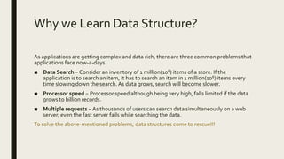 Why we Learn Data Structure?
As applications are getting complex and data rich, there are three common problems that
applications face now-a-days.
■ Data Search − Consider an inventory of 1 million(106) items of a store. If the
application is to search an item, it has to search an item in 1 million(106) items every
time slowing down the search.As data grows, search will become slower.
■ Processor speed − Processor speed although being very high, falls limited if the data
grows to billion records.
■ Multiple requests − As thousands of users can search data simultaneously on a web
server, even the fast server fails while searching the data.
To solve the above-mentioned problems, data structures come to rescue!!!
 