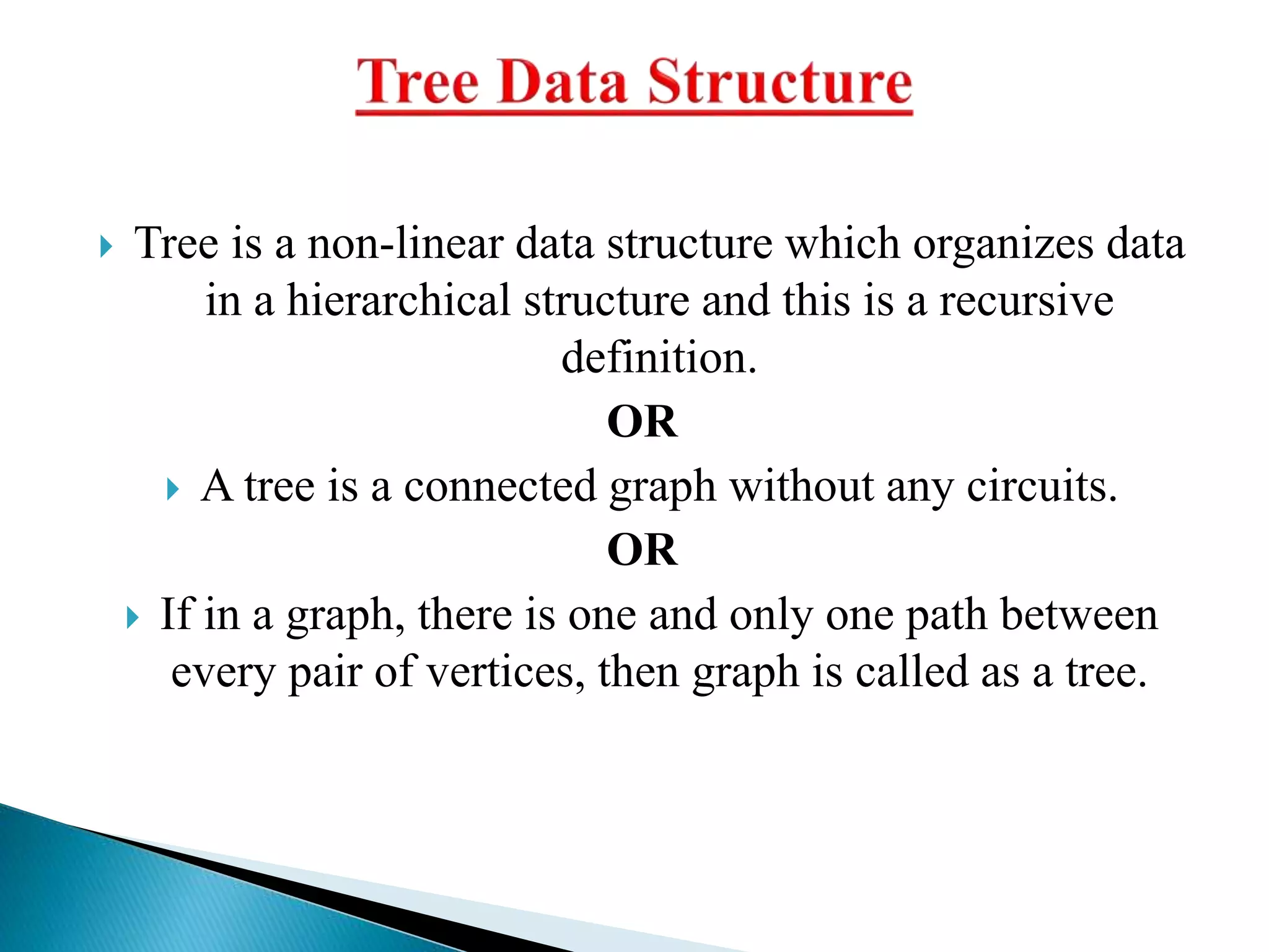  Tree is a non-linear data structure which organizes data
in a hierarchical structure and this is a recursive
definition.
OR
 A tree is a connected graph without any circuits.
OR
 If in a graph, there is one and only one path between
every pair of vertices, then graph is called as a tree.
 