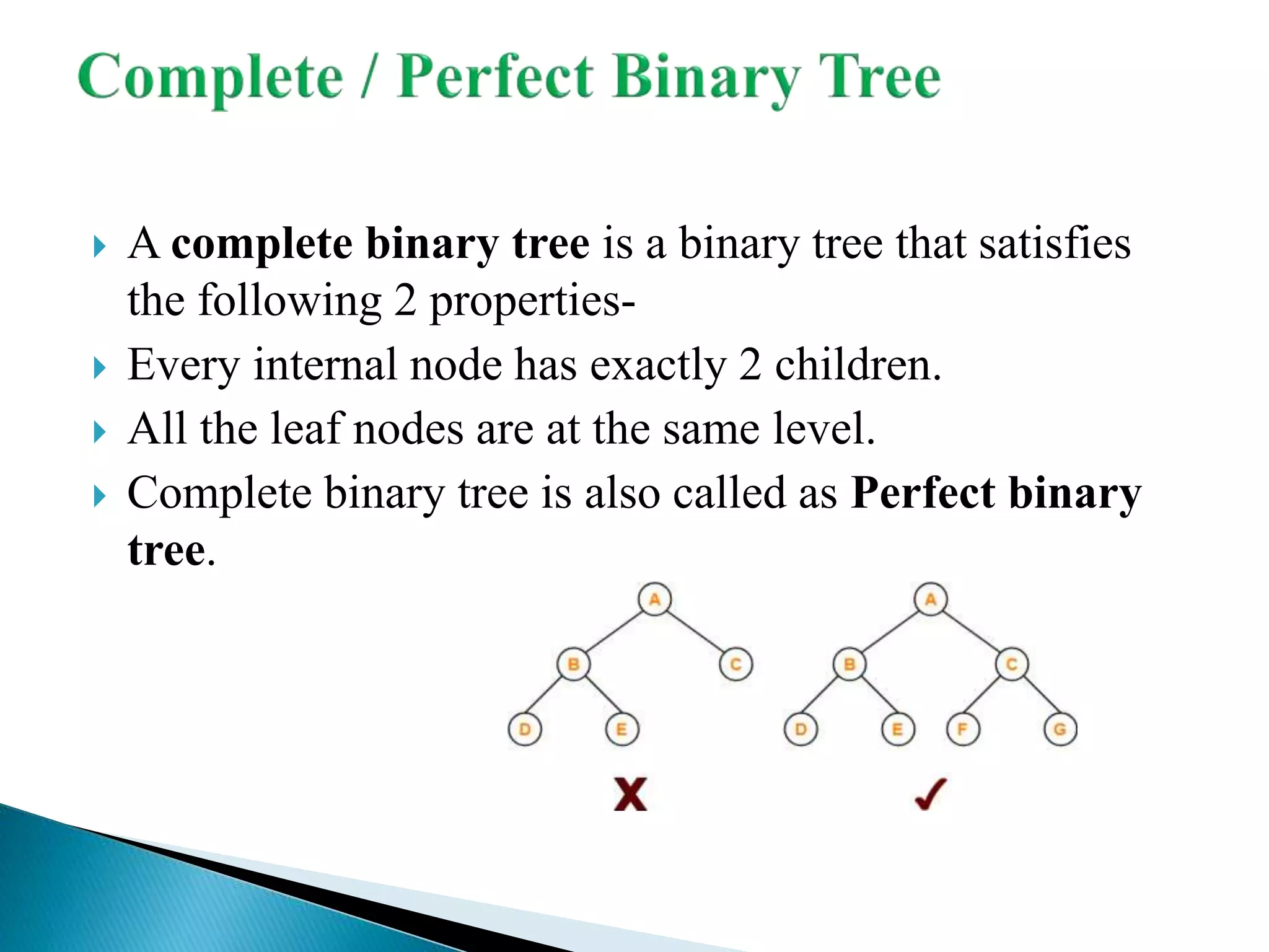  A complete binary tree is a binary tree that satisfies
the following 2 properties-
 Every internal node has exactly 2 children.
 All the leaf nodes are at the same level.
 Complete binary tree is also called as Perfect binary
tree.
 