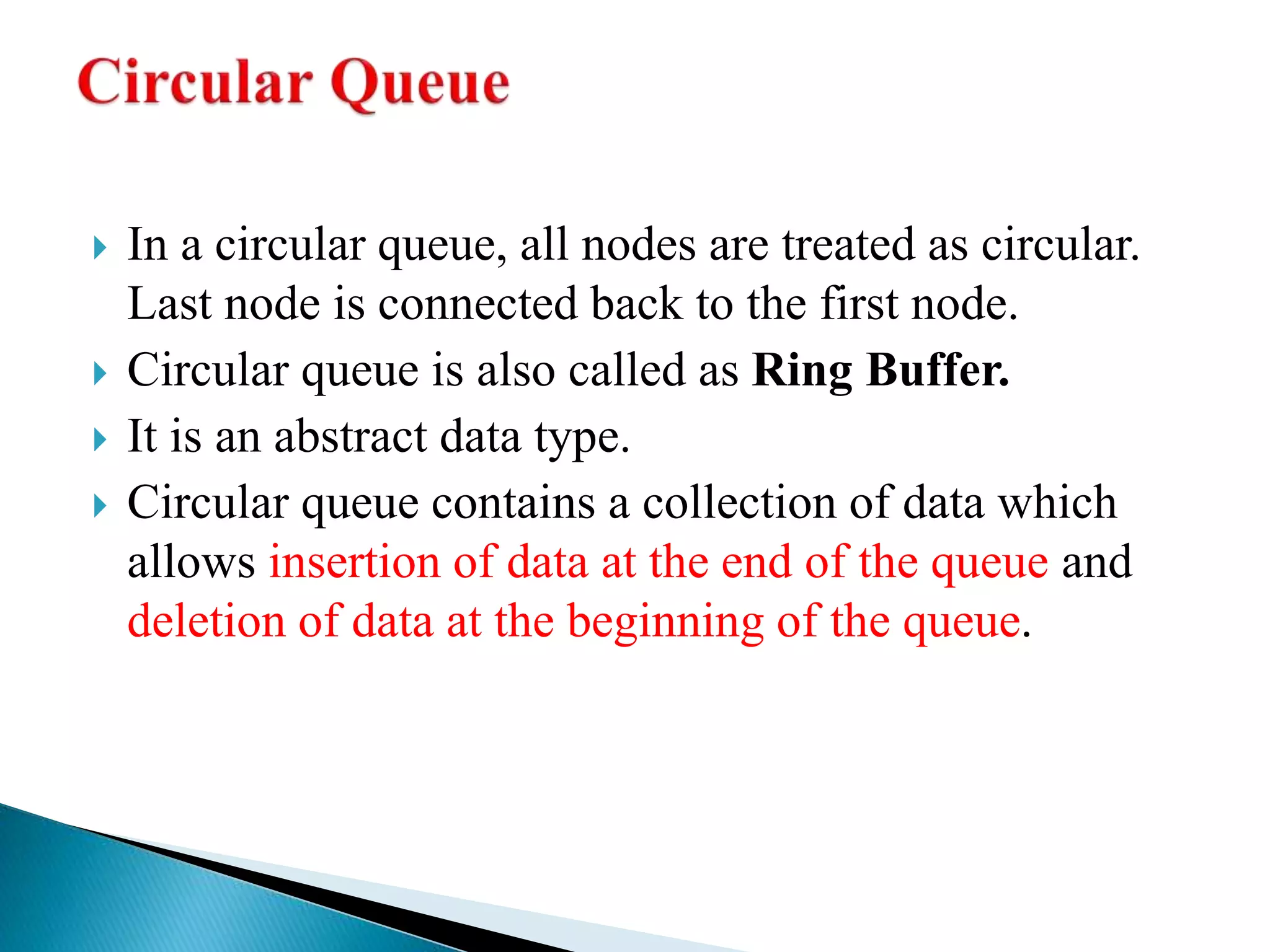  In a circular queue, all nodes are treated as circular.
Last node is connected back to the first node.
 Circular queue is also called as Ring Buffer.
 It is an abstract data type.
 Circular queue contains a collection of data which
allows insertion of data at the end of the queue and
deletion of data at the beginning of the queue.
 