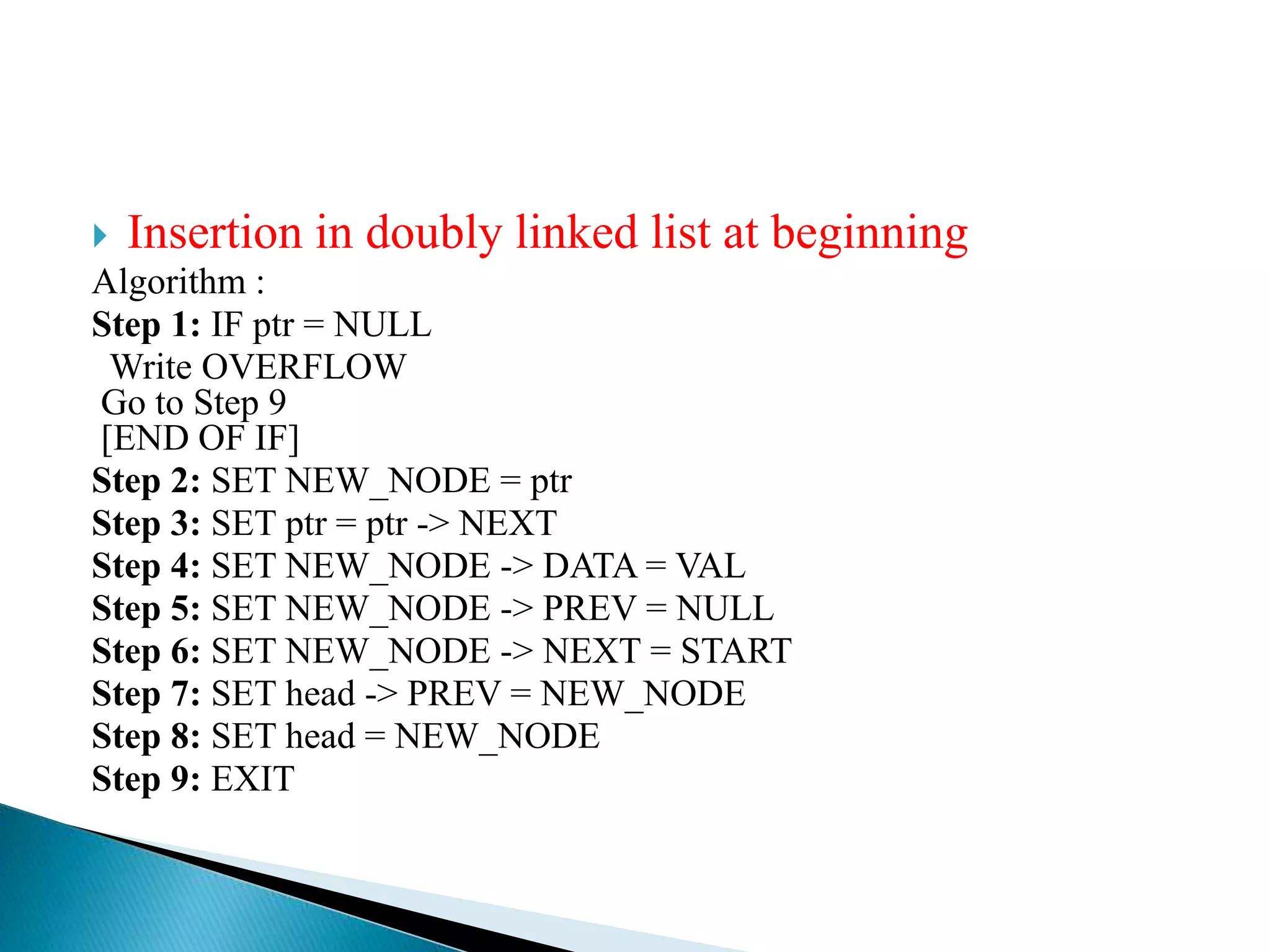  Insertion in doubly linked list at beginning
Algorithm :
Step 1: IF ptr = NULL
Write OVERFLOW
Go to Step 9
[END OF IF]
Step 2: SET NEW_NODE = ptr
Step 3: SET ptr = ptr -> NEXT
Step 4: SET NEW_NODE -> DATA = VAL
Step 5: SET NEW_NODE -> PREV = NULL
Step 6: SET NEW_NODE -> NEXT = START
Step 7: SET head -> PREV = NEW_NODE
Step 8: SET head = NEW_NODE
Step 9: EXIT
 