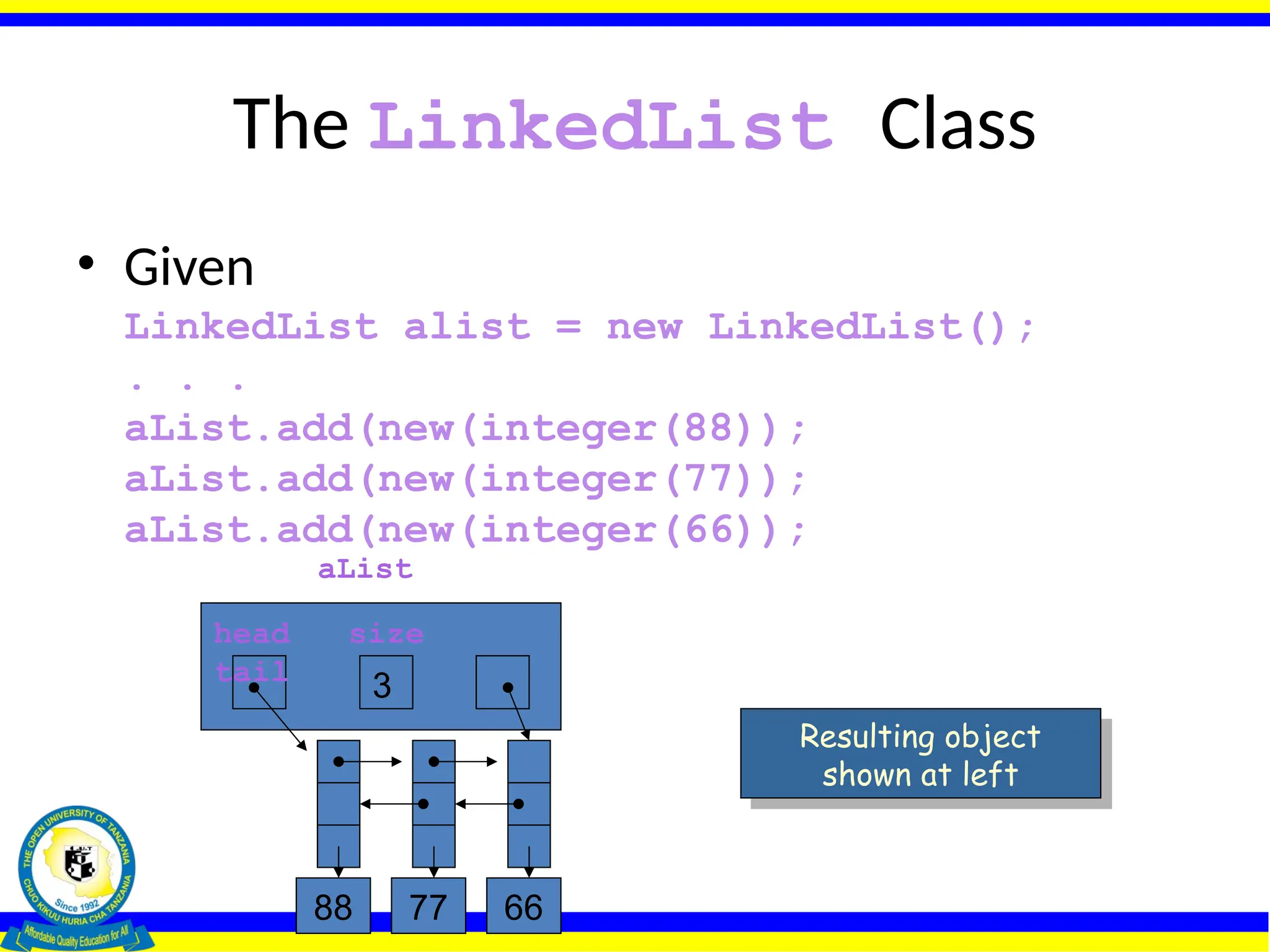 The LinkedList Class
• Given
LinkedList alist = new LinkedList();
. . .
aList.add(new(integer(88));
aList.add(new(integer(77));
aList.add(new(integer(66));
Resulting object
shown at left
aList
head size
tail
3
66
88 77
 