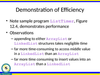Demonstration of Efficiency
• Note sample program ListTimer, Figure
12.4, demonstrates performance
• Observations
– appending to either ArrayList or
LinkedList structures takes negligible time
– far more time-consuming to access middle value
in a LinkedList than an ArrayList
– far more time consuming to insert values into an
ArrayList than a LinkedList
 