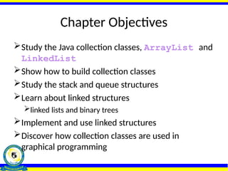 Chapter Objectives
Study the Java collection classes, ArrayList and
LinkedList
Show how to build collection classes
Study the stack and queue structures
Learn about linked structures
linked lists and binary trees
Implement and use linked structures
Discover how collection classes are used in
graphical programming
 