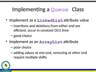 Implementing a Queue Class
• Implement as a LinkedList
LinkedList attribute value
– insertions and deletions from either end are
efficient, occur in constant O(1) time
– good choice
• Implement as an ArrayList
ArrayList attribute
– poor choice
– adding values at one end, removing at other end
require multiple shifts
 