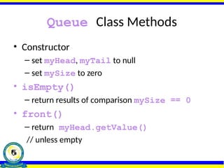 Queue Class Methods
• Constructor
– set myHead, myTail to null
– set mySize to zero
• isEmpty()
– return results of comparison mySize == 0
• front()
– return myHead.getValue()
// unless empty
 