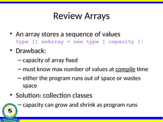 Review Arrays
• An array stores a sequence of values
type [] anArray = new type [ capacity ];
• Drawback:
– capacity of array fixed
– must know max number of values at compile time
– either the program runs out of space or wastes
space
• Solution: collection classes
– capacity can grow and shrink as program runs
 