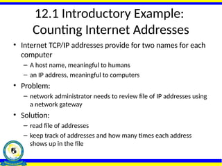 12.1 Introductory Example:
Counting Internet Addresses
• Internet TCP/IP addresses provide for two names for each
computer
– A host name, meaningful to humans
– an IP address, meaningful to computers
• Problem:
– network administrator needs to review file of IP addresses using
a network gateway
• Solution:
– read file of addresses
– keep track of addresses and how many times each address
shows up in the file
 