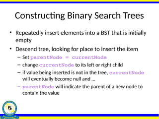 Constructing Binary Search Trees
• Repeatedly insert elements into a BST that is initially
empty
• Descend tree, looking for place to insert the item
– Set parentNode = currentNode
– change currentNode to its left or right child
– if value being inserted is not in the tree, currentNode
will eventually become null and …
– parentNode will indicate the parent of a new node to
contain the value
 