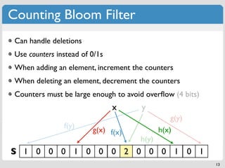 Counting Bloom Filter
 Can handle deletions
 Use counters instead of 0/1s
 When adding an element, increment the counters
...
