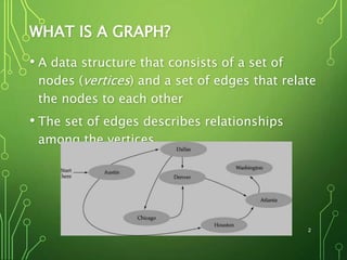 WHAT IS A GRAPH?
• A data structure that consists of a set of
nodes (vertices) and a set of edges that relate
the nodes to each other
• The set of edges describes relationships
among the vertices
2
 