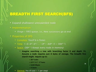 BREADTH FIRST SEARCH(BFS)
• Expand shallowest unexpanded node
• Implementation:
• fringe = FIFO queue, i.e., New successors go at end
• Properties of DFS
• Complete: Yes(if b is finite)
• Time: 1+b+b2+b3+… +bd + b(bd-1) = O(bd+1)
• Space: O(bd+1) (keeps every node in memory)
• Imagine searching a tree with branching factor 8 and depth 10.
Assume a node requires just 8 bytes of storage. The breadth first
search might require up to:
= (8)10 nodes
= (23)10 X 23 = 233 bytes
= 8,000 Mbytes
= 8 Gbytes
• Optimal: Yes (if cost = 1 per step)
38
 