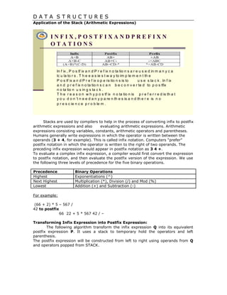 D A T A S T R U C T U R E S
Application of the Stack (Arithmetic Expressions)
I N F I X , P O S T F I X A N D P R E F I X N
O T A T I O N S
In f ix , P o s tf ix a n d P r e f ix n o ta tio n s a r e u s e d in m a n y c a
lc u la to r s . T h e e a s ie s t w a y to im p le m e n t th e
P o s tf ix a n d P r e f ix o p e ra tio n s is to u s e s ta c k . In f ix
a n d p r e f ix n o ta tio n s c a n b e c o n v e r te d to p o s tfix
n o ta tio n u s in g s ta c k .
T h e r e a s o n w h y p o s tf ix n o ta tio n is p r e f e r r e d is th a t
y o u d o n ’t n e e d a n y p a re n th e s is a n d th e r e is n o
p r e s c ie n c e p r o b le m .
Stacks are used by compilers to help in the process of converting infix to postfix
arithmetic expressions and also evaluating arithmetic expressions. Arithmetic
expressions consisting variables, constants, arithmetic operators and parentheses.
Humans generally write expressions in which the operator is written between the
operands (3 + 4, for example). This is called infix notation. Computers ―prefer‖
postfix notation in which the operator is written to the right of two operands. The
preceding infix expression would appear in postfix notation as 3 4 +.
To evaluate a complex infix expression, a compiler would first convert the expression
to postfix notation, and then evaluate the postfix version of the expression. We use
the following three levels of precedence for the five binary operations.
Precedence Binary Operations
Highest Exponentiations (^)
Next Highest Multiplication (*), Division (/) and Mod (%)
Lowest Addition (+) and Subtraction (-)
For example:
(66 + 2) * 5 – 567 /
42 to postfix
66 22 + 5 * 567 42 / –
Transforming Infix Expression into Postfix Expression:
The following algorithm transform the infix expression Q into its equivalent
postfix expression P. It uses a stack to temporary hold the operators and left
parenthesis.
The postfix expression will be constructed from left to right using operands from Q
and operators popped from STACK.
 