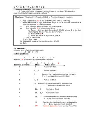 D A T A S T R U C T U R E S
Evaluation of Postfix Expression:
If P is an arithmetic expression written in postfix notation. This algorithm
uses STACK to hold operands, and evaluate P.
Algorithm: This algorithm finds the VALUE of P written in postfix notation.
1. Add a Dollar Sign ‖$‖ at the end of P. [This acts as sentinel.]
2. Scan P from left to right and repeat Steps 3 and 4 for each element of P
until the sentinel ―$‖ is encountered.
3. If an operand is encountered, put it on STACK.
4. If an operator © is encountered, then:
a) Remove the two top elements of STACK, where A is the top
element and B is the next-to—top-element.
b) Evaluate B © A.
c) Place the result of (b) back on STACK.
[End of If structure.]
[End of Step 2 loop.]
5. Set VALUE equal to the top element on STACK.
6. Exit.
For example:
Following is an infix arithmetic expression
(5 + 2) * 3 – 9 / 3
And its postfix is:
5 2 + 3 * 9 3 / –
Now add “$” at the end of expression as a sentinel.
5 2 + 3 * 8 4 / – $
Scanned Elements Stack Action to do _
5 5 Pushed on stack
2 5, 2 Pushed on Stack
+ 7 Remove the two top elements and calculate
5 + 2 and push the result on stack
3 7, 3 Pushed on Stack
* 21 Remove the two top elements and calculate
7 * 3 and push the result on stack
8 21, 8 Pushed on Stack
4 21, 8, 4 Pushed on Stack
/ 21, 2 Remove the two top elements and calculate
8 / 2 and push the result on stack
- 19 Remove the two top elements and calculate
21 - 2 and push the result on stack
$ 19 Sentinel $ encouter , Result is on top of the STACK
 