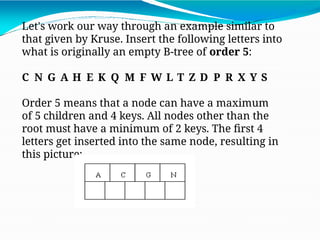 Let's work our way through an example similar to
that given by Kruse. Insert the following letters into
what is originally an empty B-tree of order 5:
C N G A H E K Q M F W L T Z D P R X Y S
Order 5 means that a node can have a maximum
of 5 children and 4 keys. All nodes other than the
root must have a minimum of 2 keys. The first 4
letters get inserted into the same node, resulting in
this picture:
 
