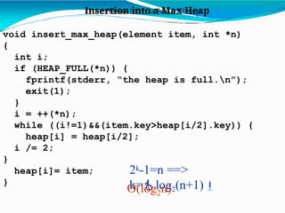Insertion into a Max Heap
void insert_max_heap(element item, int *n)
{
int i;
if (HEAP_FULL(*n)) {
fprintf(stderr, “the heap is full.n”);
exit(1);
}
i = ++(*n);
while ((i!=1)&&(item.key>heap[i/2].key)) {
heap[i] = heap[i/2];
i /= 2;
}
heap[i]= item;
}
2k-1=n ==>
k=log2(n+1)
2
O(log n)
 