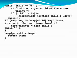 while (child <= *n) {
/* find the larger child of the current
parent */
if ((child < *n)&&
(heap[child].key<heap[child+1].key))
child++;
if (temp.key >= heap[child].key) break;
/* move to the next lower level */
heap[parent] = heap[child];
child *= 2;
}
heap[parent] = temp;
return item;
}
 