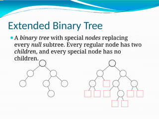 Extended Binary Tree
⚫A binary tree with special nodes replacing
every null subtree. Every regular node has two
children, and every special node has no
children.
 
