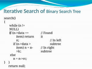 search()
{
while (n !=
NULL)
{ // Found
it
// In left
subtree
// In right
subtree
if (n->data ==
item) return
n;
if (n->data >
item) n = n-
>lc;
else
n = n->rc;
}
return null;
}
Iterative Search of Binary Search Tree
 