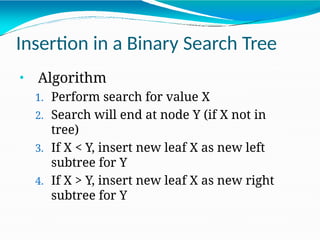 Insertion in a Binary Search Tree
• Algorithm
1. Perform search for value X
2. Search will end at node Y (if X not in
tree)
3. If X < Y, insert new leaf X as new left
subtree for Y
4. If X > Y, insert new leaf X as new right
subtree for Y
 