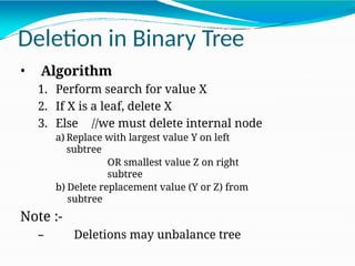 Deletion in Binary Tree
• Algorithm
1. Perform search for value X
2. If X is a leaf, delete X
3. Else //we must delete internal node
a) Replace with largest value Y on left
subtree
OR smallest value Z on right
subtree
b) Delete replacement value (Y or Z) from
subtree
Note :-
– Deletions may unbalance tree
 