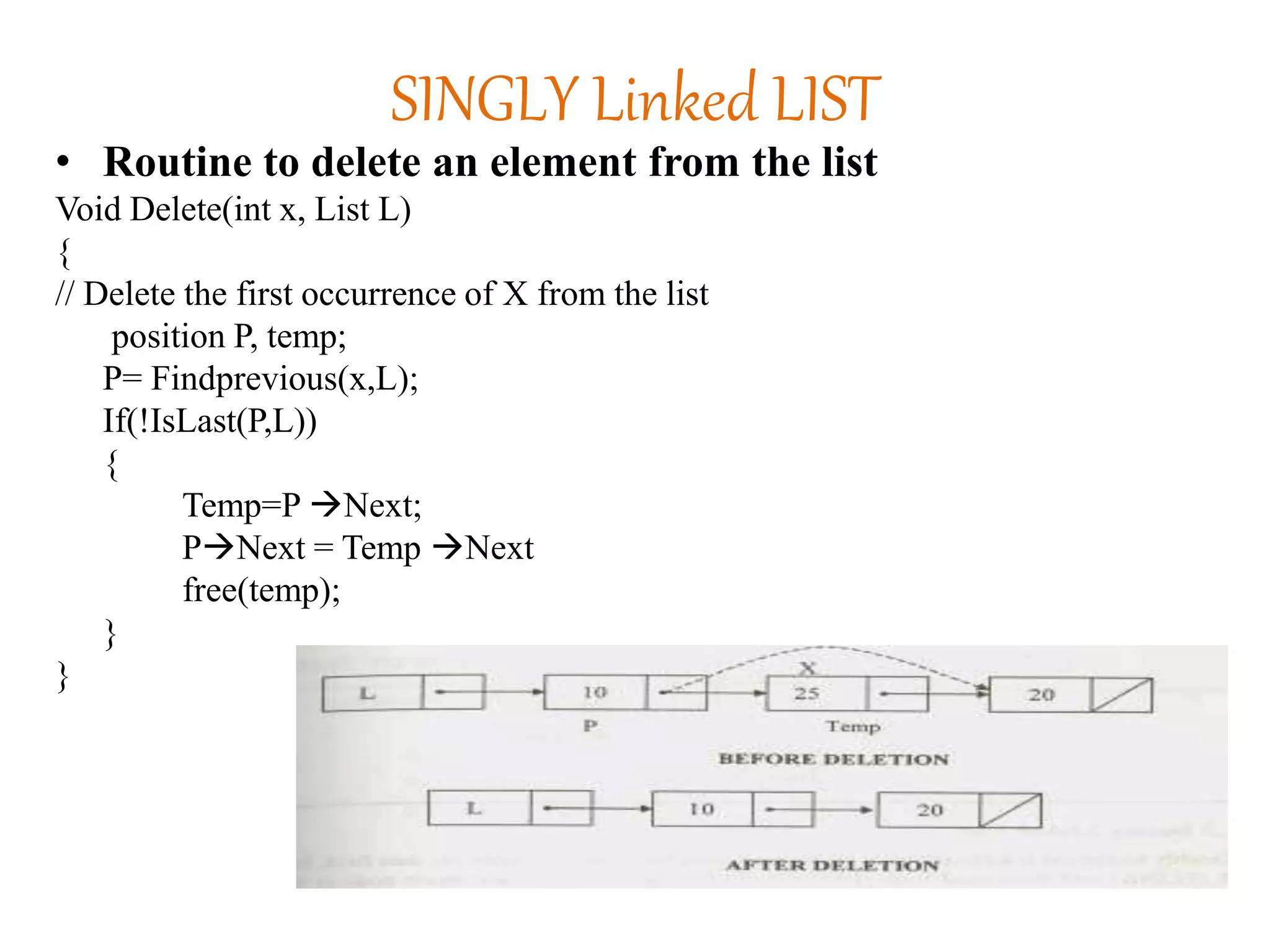 SINGLY Linked LIST
• Routine to delete an element from the list
Void Delete(int x, List L)
{
// Delete the first occurrence of X from the list
position P, temp;
P= Findprevious(x,L);
If(!IsLast(P,L))
{
Temp=P Next;
PNext = Temp Next
free(temp);
}
}
 