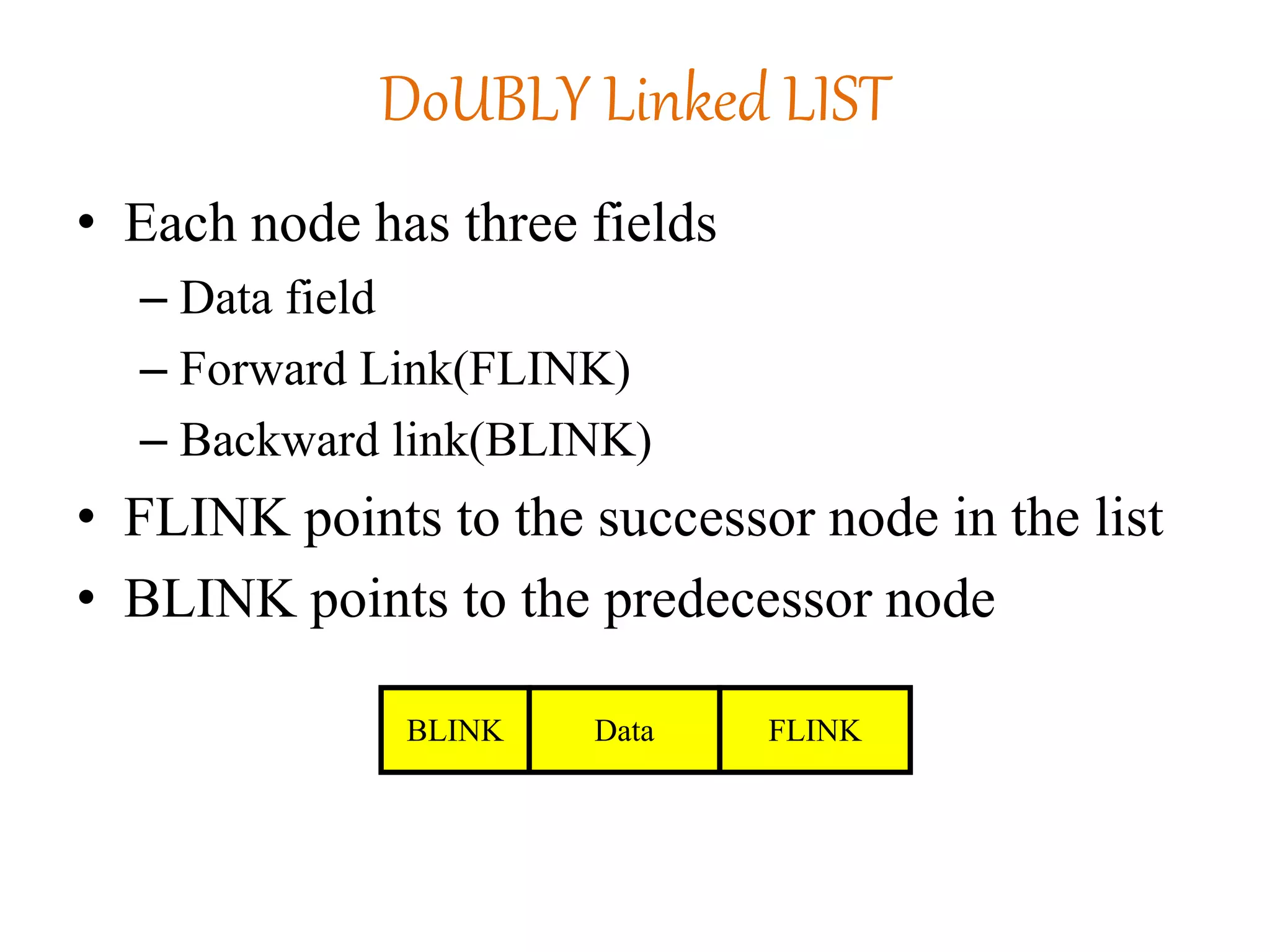 DoUBLY Linked LIST
• Each node has three fields
– Data field
– Forward Link(FLINK)
– Backward link(BLINK)
• FLINK points to the successor node in the list
• BLINK points to the predecessor node
BLINK Data FLINK
 