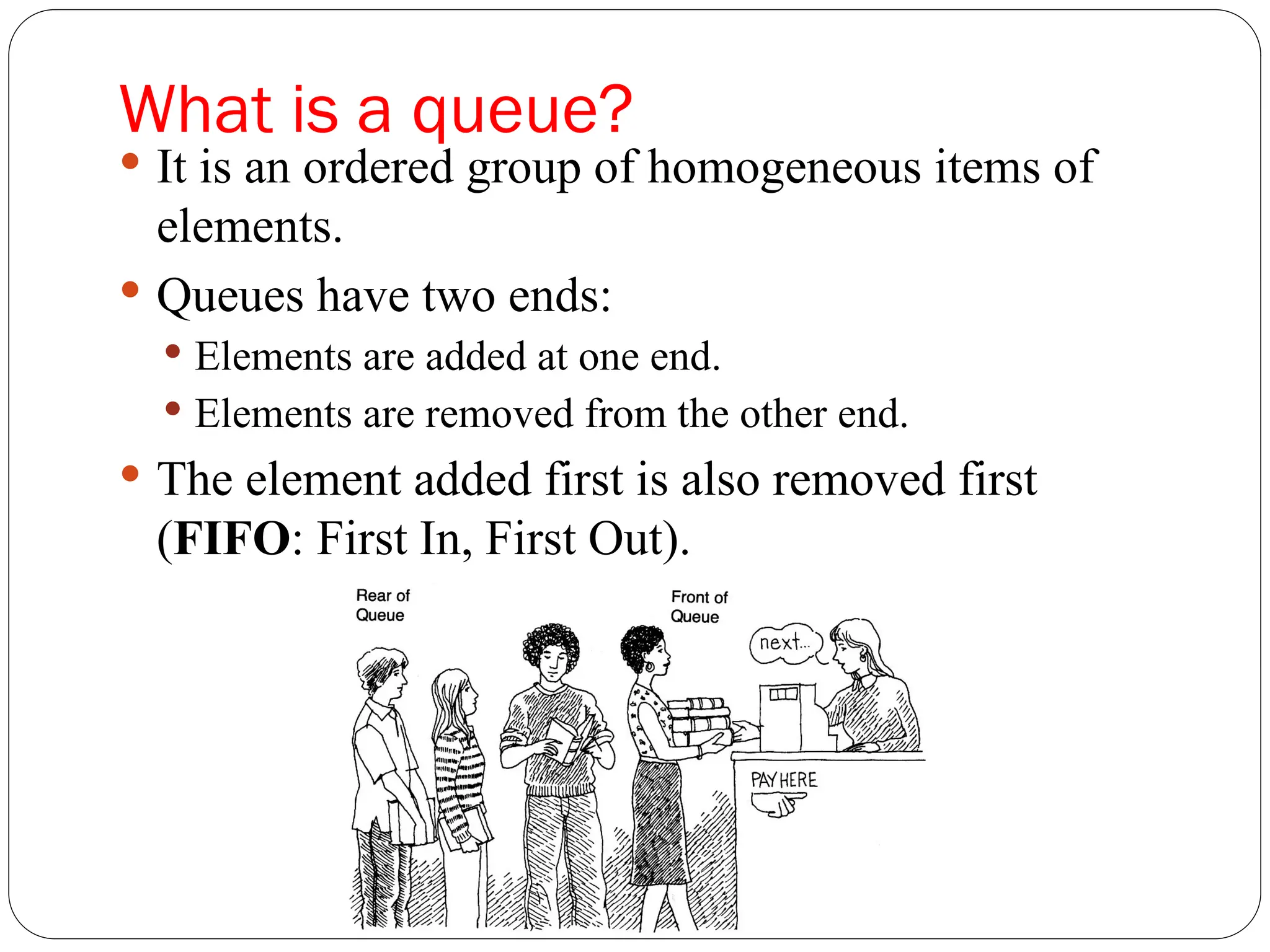 What is a queue?  It is an ordered group of homogeneous items of elements.  Queues have two ends:  Elements are added at one end.  Elements are removed from the other end.  The element added first is also removed first (FIFO: First In, First Out). 