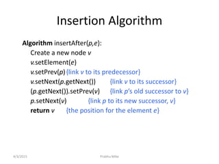 Prabhu Mike
Insertion Algorithm
Algorithm insertAfter(p,e):
Create a new node v
v.setElement(e)
v.setPrev(p){link v to its predecessor}
v.setNext(p.getNext()) {link v to its successor}
(p.getNext()).setPrev(v) {link p’s old successor to v}
p.setNext(v) {link p to its new successor, v}
return v {the position for the element e}
4/3/2015
 