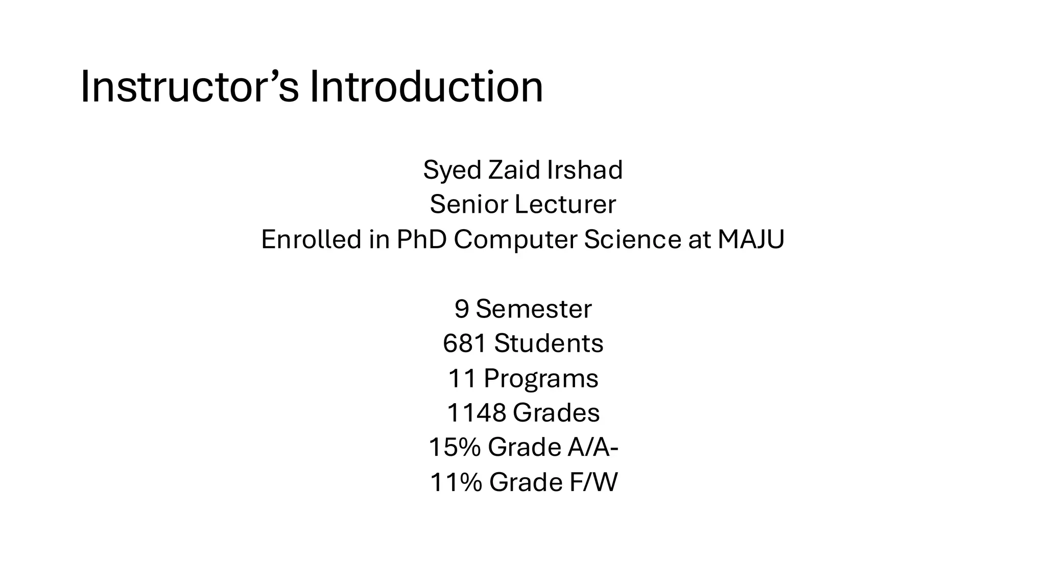 Instructor’s Introduction Syed Zaid Irshad Senior Lecturer Enrolled in PhD Computer Science at MAJU 9 Semester 681 Students 11 Programs 1148 Grades 15% Grade A/A- 11% Grade F/W 