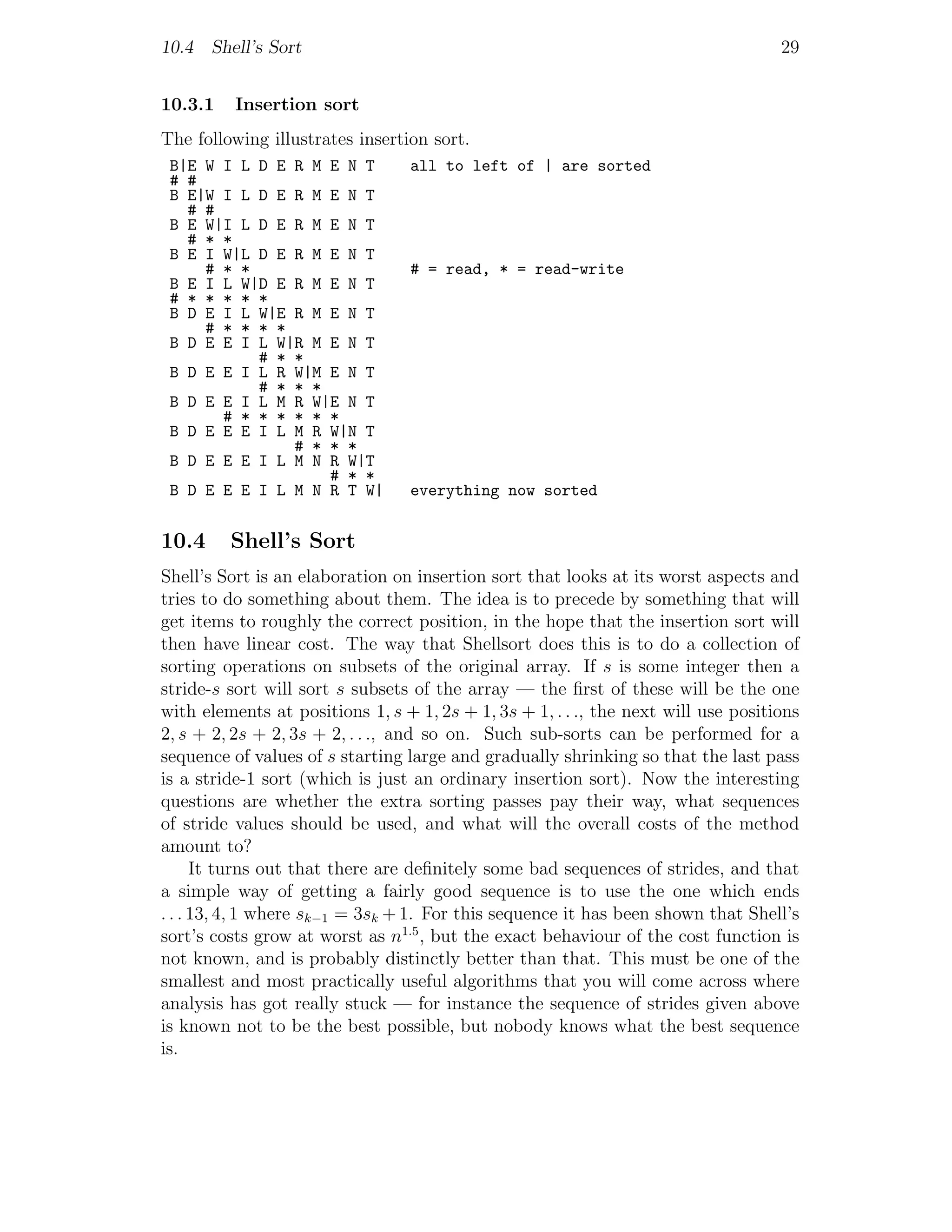 10.4 Shell’s Sort                                                                   29


10.3.1    Insertion sort
The following illustrates insertion sort.
 B|E W I L D E R M E N T         all to left of | are sorted
 # #
 B E|W I L D E R M E N T
   # #
 B E W|I L D E R M E N T
   # * *
 B E I W|L D E R M E N T
     # * *                       # = read, * = read-write
 B E I L W|D E R M E N T
 # * * * * *
 B D E I L W|E R M E N T
     # * * * *
 B D E E I L W|R M E N T
           # * *
 B D E E I L R W|M E N T
           # * * *
 B D E E I L M R W|E N T
       # * * * * * *
 B D E E E I L M R W|N T
               # * * *
 B D E E E I L M N R W|T
                   # * *
 B D E E E I L M N R T W|        everything now sorted


10.4     Shell’s Sort
Shell’s Sort is an elaboration on insertion sort that looks at its worst aspects and
tries to do something about them. The idea is to precede by something that will
get items to roughly the correct position, in the hope that the insertion sort will
then have linear cost. The way that Shellsort does this is to do a collection of
sorting operations on subsets of the original array. If s is some integer then a
stride-s sort will sort s subsets of the array — the ﬁrst of these will be the one
with elements at positions 1, s + 1, 2s + 1, 3s + 1, . . ., the next will use positions
2, s + 2, 2s + 2, 3s + 2, . . ., and so on. Such sub-sorts can be performed for a
sequence of values of s starting large and gradually shrinking so that the last pass
is a stride-1 sort (which is just an ordinary insertion sort). Now the interesting
questions are whether the extra sorting passes pay their way, what sequences
of stride values should be used, and what will the overall costs of the method
amount to?
      It turns out that there are deﬁnitely some bad sequences of strides, and that
a simple way of getting a fairly good sequence is to use the one which ends
. . . 13, 4, 1 where sk−1 = 3sk + 1. For this sequence it has been shown that Shell’s
sort’s costs grow at worst as n1.5 , but the exact behaviour of the cost function is
not known, and is probably distinctly better than that. This must be one of the
smallest and most practically useful algorithms that you will come across where
analysis has got really stuck — for instance the sequence of strides given above
is known not to be the best possible, but nobody knows what the best sequence
is.
 