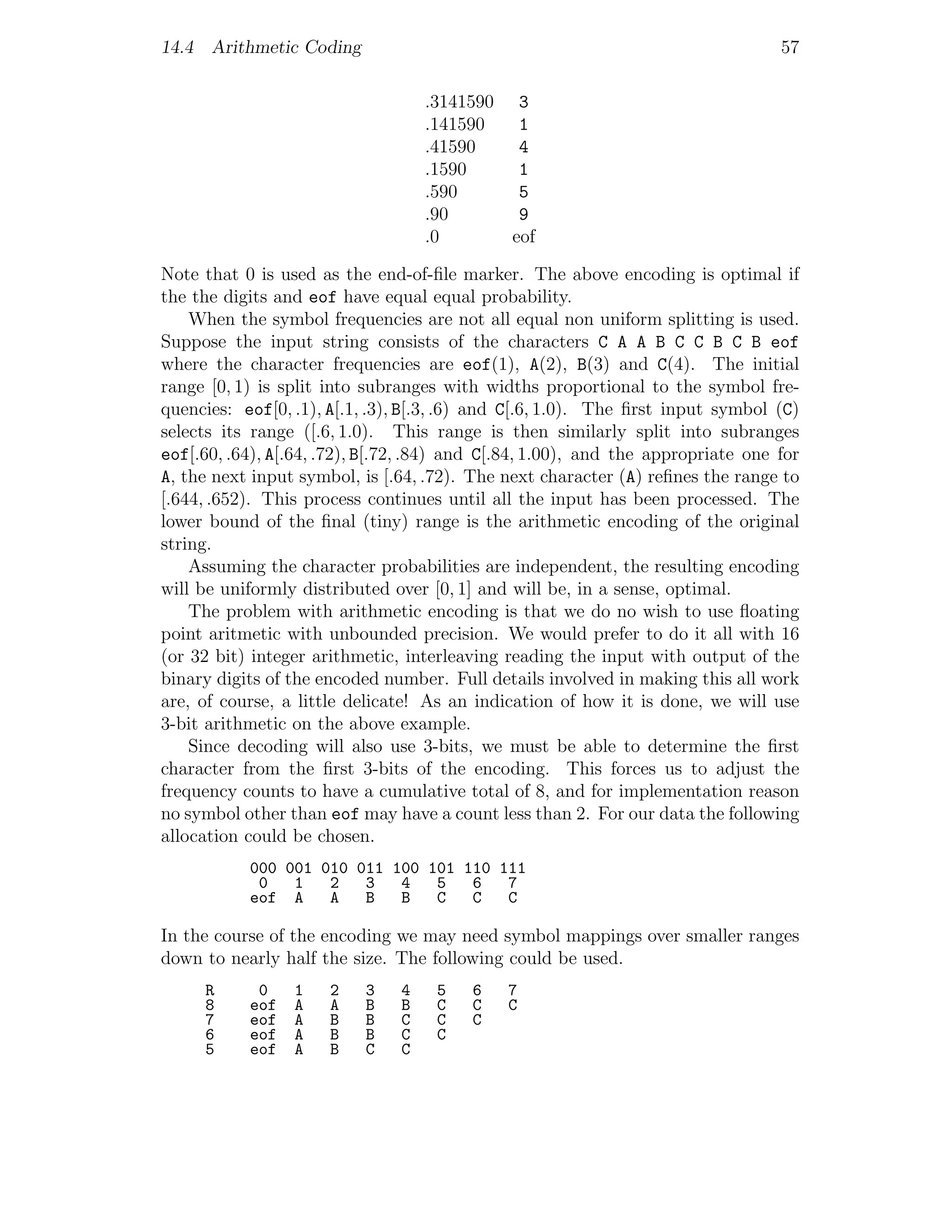 14.4 Arithmetic Coding                                                            57

                                    .3141590 3
                                    .141590   1
                                    .41590    4
                                    .1590     1
                                    .590      5
                                    .90       9
                                    .0       eof

Note that 0 is used as the end-of-ﬁle marker. The above encoding is optimal if
the the digits and eof have equal equal probability.
    When the symbol frequencies are not all equal non uniform splitting is used.
Suppose the input string consists of the characters C A A B C C B C B eof
where the character frequencies are eof(1), A(2), B(3) and C(4). The initial
range [0, 1) is split into subranges with widths proportional to the symbol fre-
quencies: eof[0, .1), A[.1, .3), B[.3, .6) and C[.6, 1.0). The ﬁrst input symbol (C)
selects its range ([.6, 1.0). This range is then similarly split into subranges
eof[.60, .64), A[.64, .72), B[.72, .84) and C[.84, 1.00), and the appropriate one for
A, the next input symbol, is [.64, .72). The next character (A) reﬁnes the range to
[.644, .652). This process continues until all the input has been processed. The
lower bound of the ﬁnal (tiny) range is the arithmetic encoding of the original
string.
    Assuming the character probabilities are independent, the resulting encoding
will be uniformly distributed over [0, 1] and will be, in a sense, optimal.
    The problem with arithmetic encoding is that we do no wish to use ﬂoating
point aritmetic with unbounded precision. We would prefer to do it all with 16
(or 32 bit) integer arithmetic, interleaving reading the input with output of the
binary digits of the encoded number. Full details involved in making this all work
are, of course, a little delicate! As an indication of how it is done, we will use
3-bit arithmetic on the above example.
    Since decoding will also use 3-bits, we must be able to determine the ﬁrst
character from the ﬁrst 3-bits of the encoding. This forces us to adjust the
frequency counts to have a cumulative total of 8, and for implementation reason
no symbol other than eof may have a count less than 2. For our data the following
allocation could be chosen.
           000 001 010 011 100 101 110 111
            0   1   2   3   4   5   6   7
           eof A    A   B   B   C   C   C

In the course of the encoding we may need symbol mappings over smaller ranges
down to nearly half the size. The following could be used.
     R      0    1    2    3    4    5   6    7
     8     eof   A    A    B    B    C   C    C
     7     eof   A    B    B    C    C   C
     6     eof   A    B    B    C    C
     5     eof   A    B    C    C
 