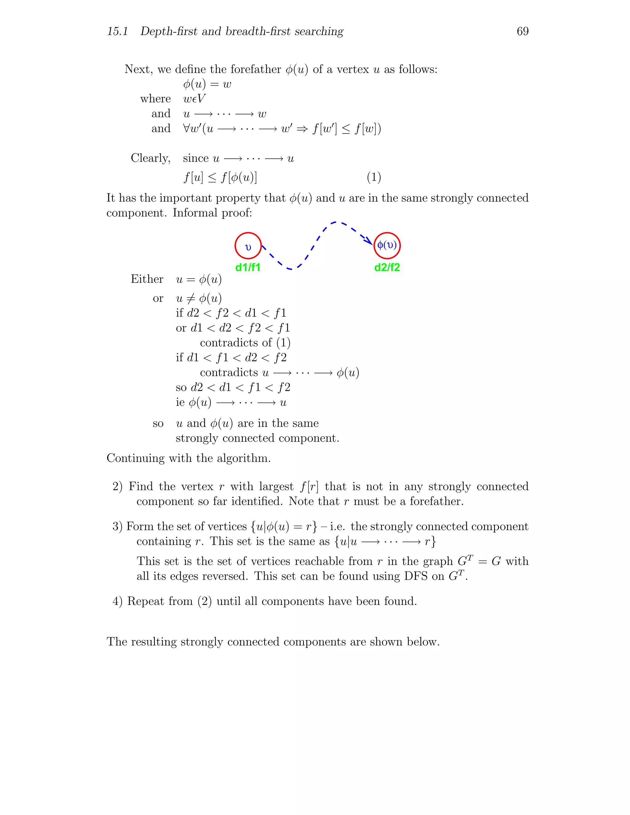 15.1 Depth-ﬁrst and breadth-ﬁrst searching                                    69


   Next, we deﬁne the forefather φ(u) of a vertex u as follows:
             φ(u) = w
     where w V
       and u −→ · · · −→ w
       and ∀w (u −→ · · · −→ w ⇒ f [w ] ≤ f [w])

    Clearly,    since u −→ · · · −→ u
                f [u] ≤ f [φ(u)]                     (1)
It has the important property that φ(u) and u are in the same strongly connected
component. Informal proof:

                             υ                         φ(υ)

                           d1/f1                      d2/f2
    Either u = φ(u)
        or     u = φ(u)
               if d2 < f 2 < d1 < f 1
               or d1 < d2 < f 2 < f 1
                    contradicts of (1)
               if d1 < f 1 < d2 < f 2
                    contradicts u −→ · · · −→ φ(u)
               so d2 < d1 < f 1 < f 2
               ie φ(u) −→ · · · −→ u
        so     u and φ(u) are in the same
               strongly connected component.
Continuing with the algorithm.

 2) Find the vertex r with largest f [r] that is not in any strongly connected
     component so far identiﬁed. Note that r must be a forefather.

 3) Form the set of vertices {u|φ(u) = r} – i.e. the strongly connected component
      containing r. This set is the same as {u|u −→ · · · −→ r}
     This set is the set of vertices reachable from r in the graph GT = G with
     all its edges reversed. This set can be found using DFS on GT .

 4) Repeat from (2) until all components have been found.


The resulting strongly connected components are shown below.
 