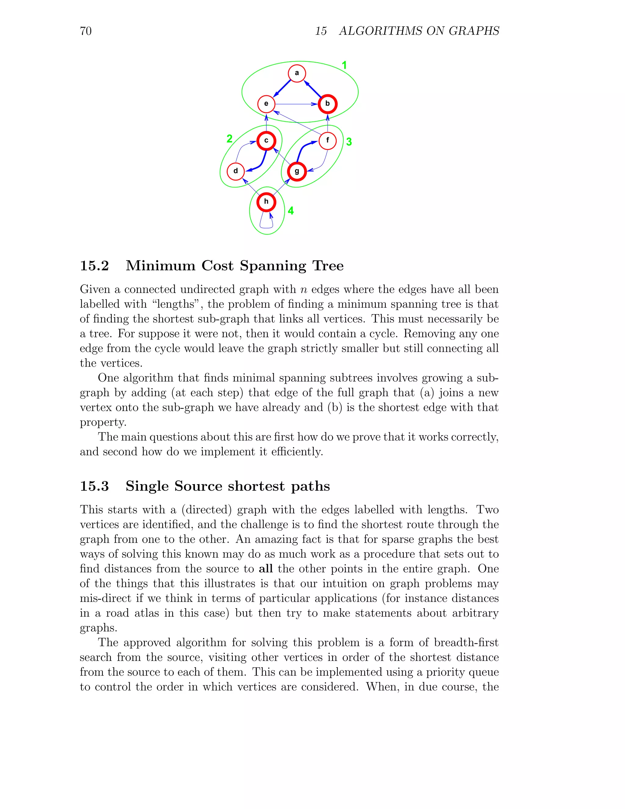 70                                               15 ALGORITHMS ON GRAPHS

                                                      1
                                             a



                                     e            b




                             2       c            f   3

                                 d           g



                                     h
                                         4




15.2     Minimum Cost Spanning Tree
Given a connected undirected graph with n edges where the edges have all been
labelled with “lengths”, the problem of ﬁnding a minimum spanning tree is that
of ﬁnding the shortest sub-graph that links all vertices. This must necessarily be
a tree. For suppose it were not, then it would contain a cycle. Removing any one
edge from the cycle would leave the graph strictly smaller but still connecting all
the vertices.
    One algorithm that ﬁnds minimal spanning subtrees involves growing a sub-
graph by adding (at each step) that edge of the full graph that (a) joins a new
vertex onto the sub-graph we have already and (b) is the shortest edge with that
property.
    The main questions about this are ﬁrst how do we prove that it works correctly,
and second how do we implement it eﬃciently.

15.3     Single Source shortest paths
This starts with a (directed) graph with the edges labelled with lengths. Two
vertices are identiﬁed, and the challenge is to ﬁnd the shortest route through the
graph from one to the other. An amazing fact is that for sparse graphs the best
ways of solving this known may do as much work as a procedure that sets out to
ﬁnd distances from the source to all the other points in the entire graph. One
of the things that this illustrates is that our intuition on graph problems may
mis-direct if we think in terms of particular applications (for instance distances
in a road atlas in this case) but then try to make statements about arbitrary
graphs.
    The approved algorithm for solving this problem is a form of breadth-ﬁrst
search from the source, visiting other vertices in order of the shortest distance
from the source to each of them. This can be implemented using a priority queue
to control the order in which vertices are considered. When, in due course, the
 