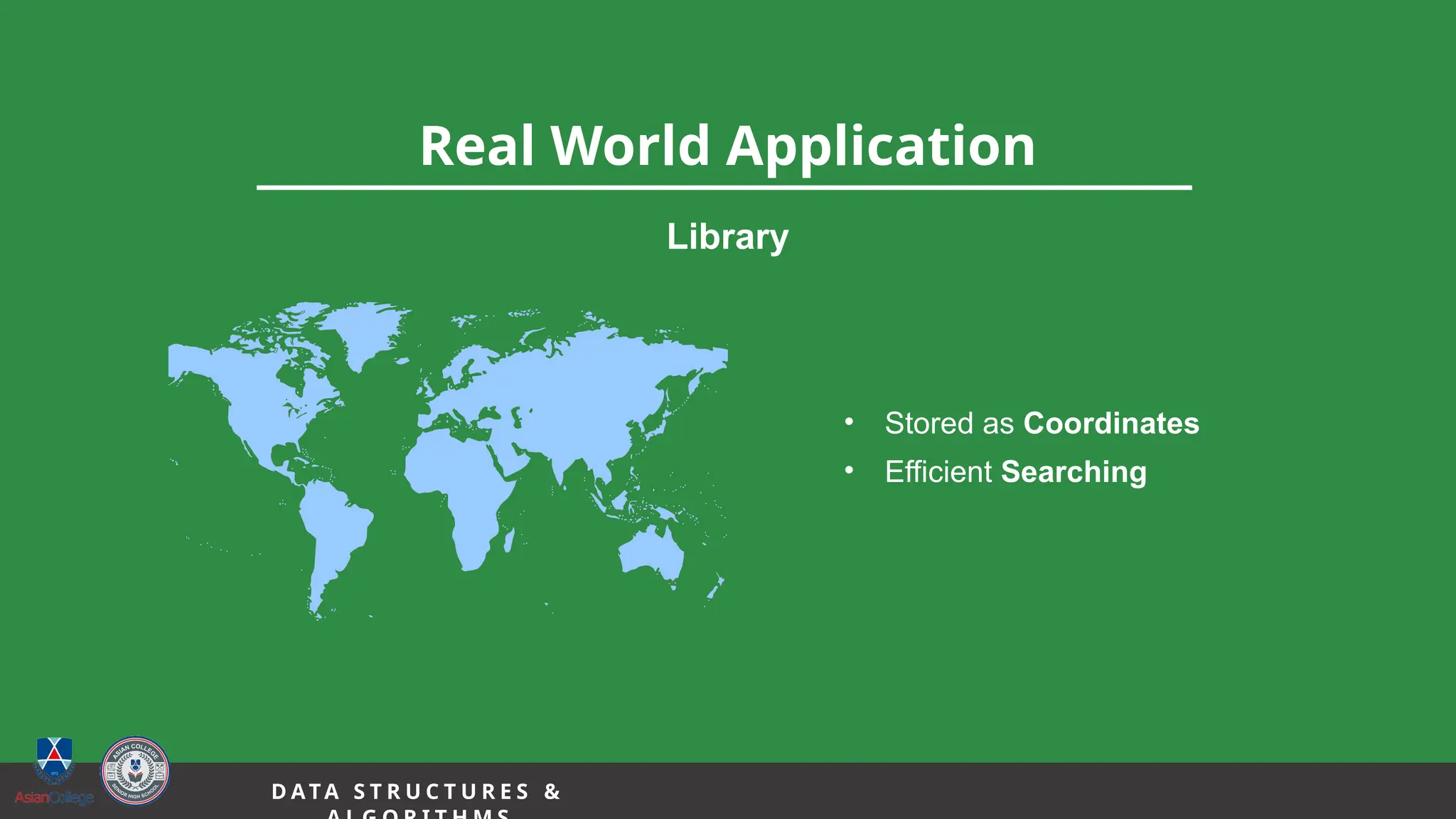 10
Real World Application
Library
• Stored as Coordinates
• Efficient Searching
D A TA S T R U C T U R E S &
 