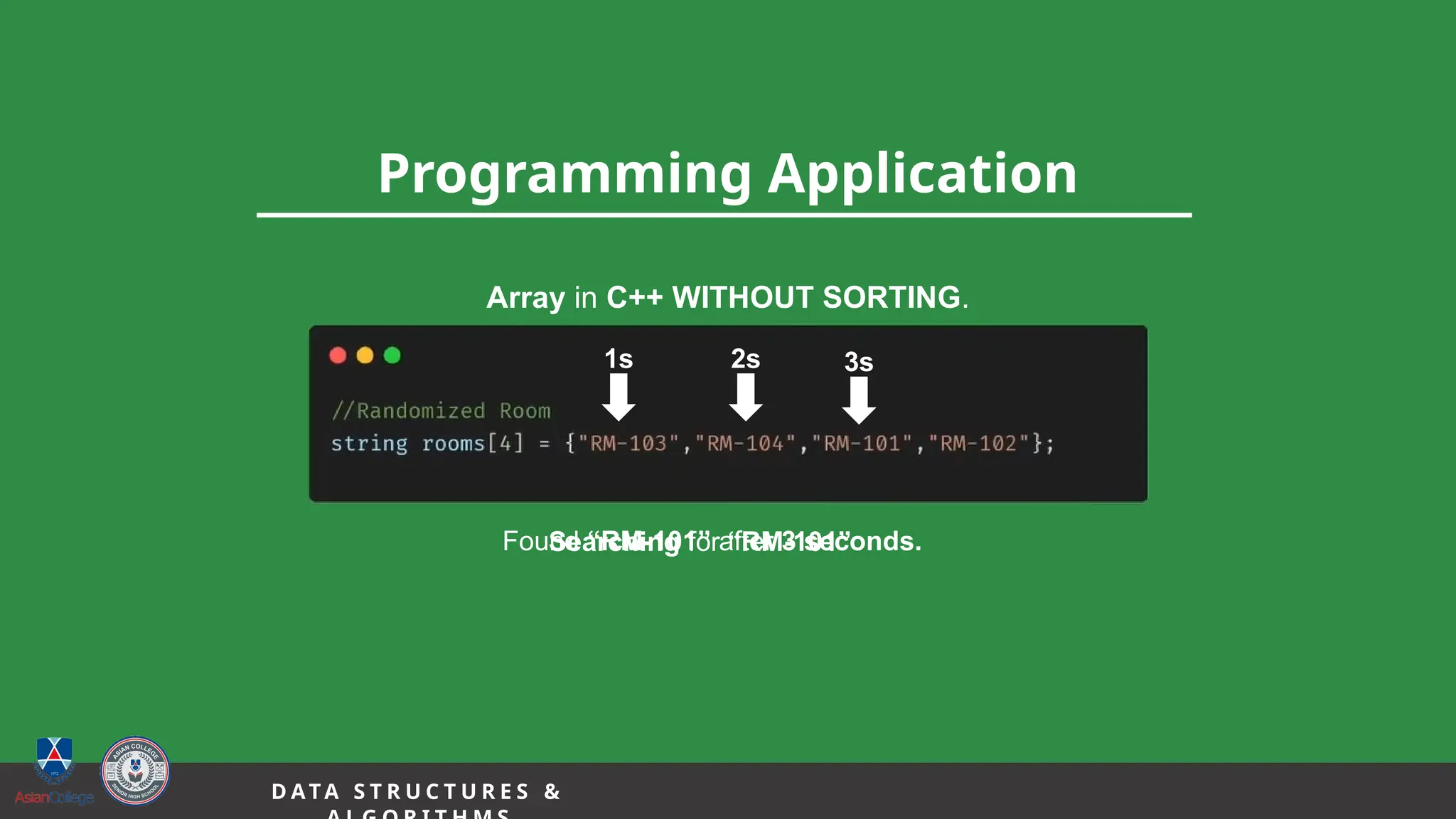 15
Programming Application
D A TA S T R U C T U R E S &
Array in C++ WITHOUT SORTING.
Searching for “RM-101”
1s 2s 3s
Found “RM-101” after 3 seconds.
 